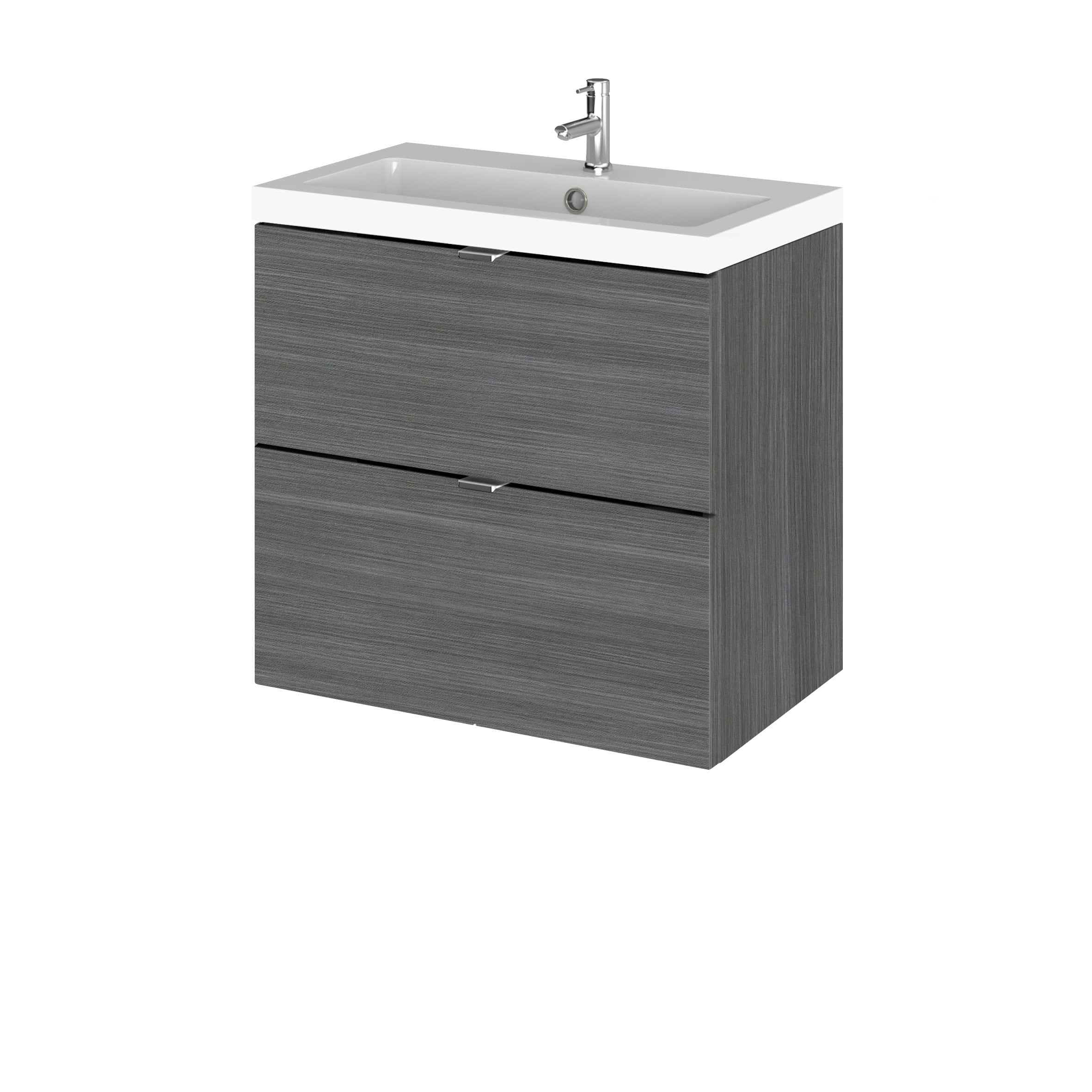 Sleek modern grey bathroom vanity unit with integrated wash basin and chrome tap, ideal for contemporary bathroom designs.