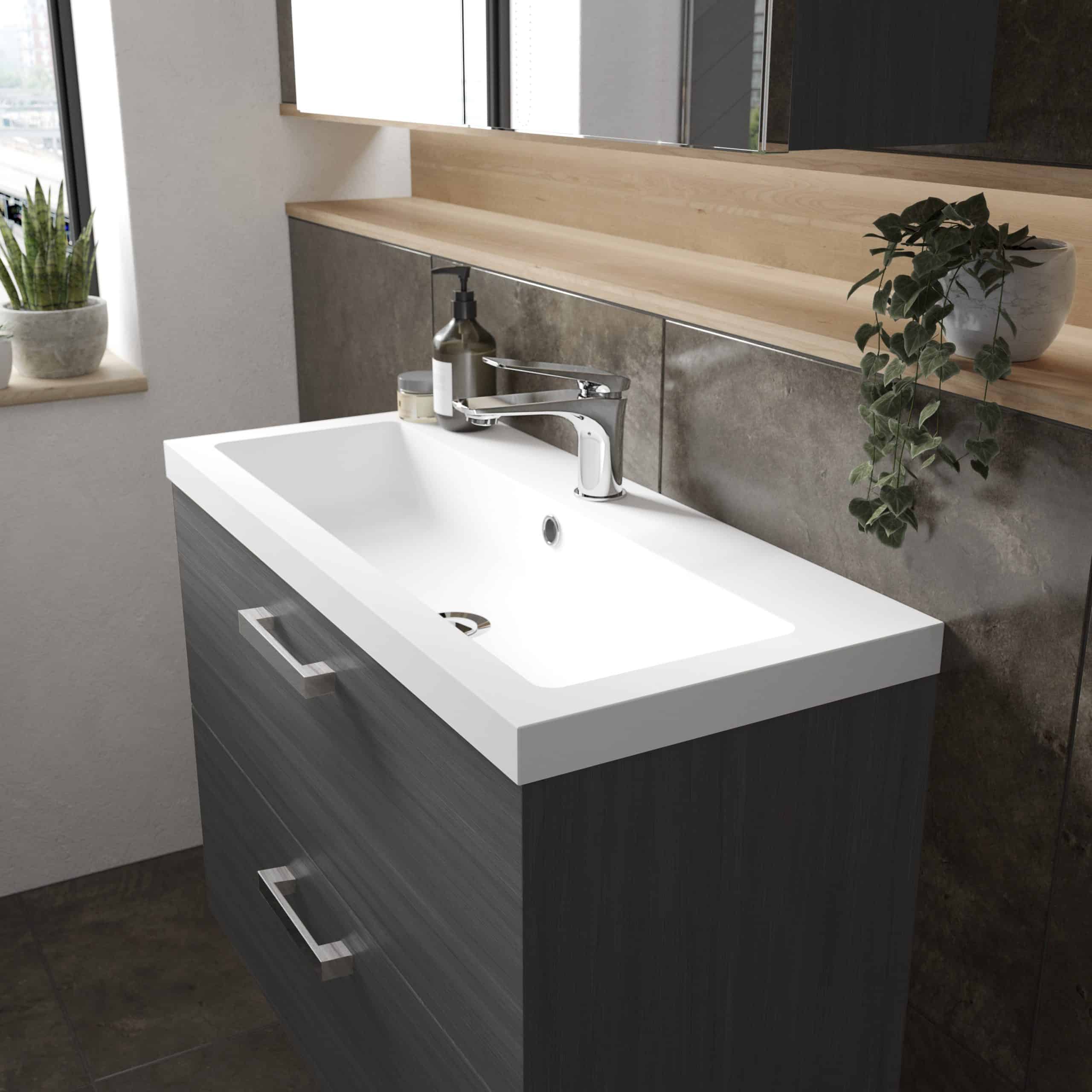 Modern bathroom vanity with white sink and chrome faucet, grey cabinet, and wooden shelf in a contemporary design, perfect for stylish bathroom upgrades.