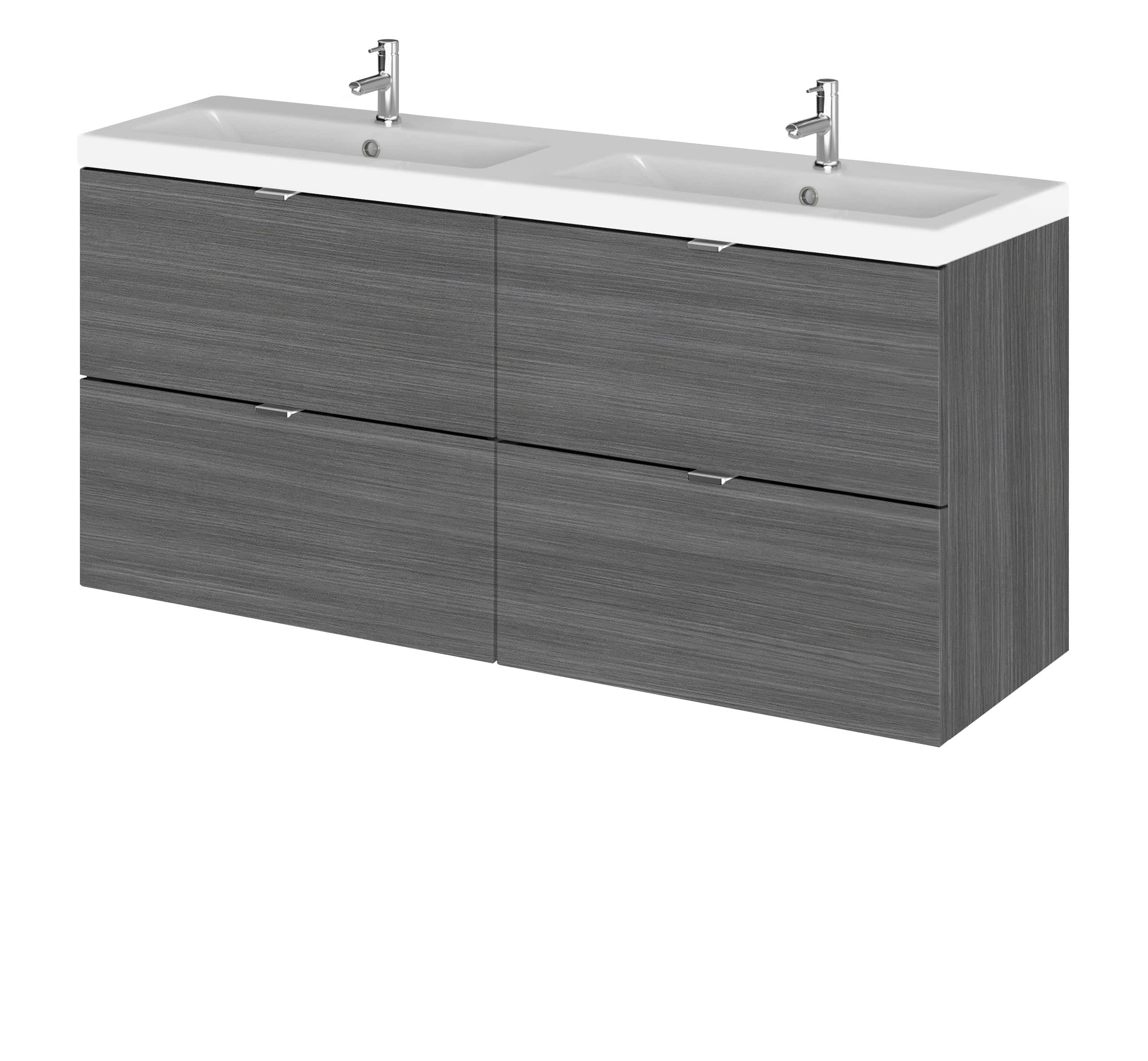 Modern grey double bathroom vanity unit with integrated sinks and chrome taps, ideal for contemporary bathrooms.