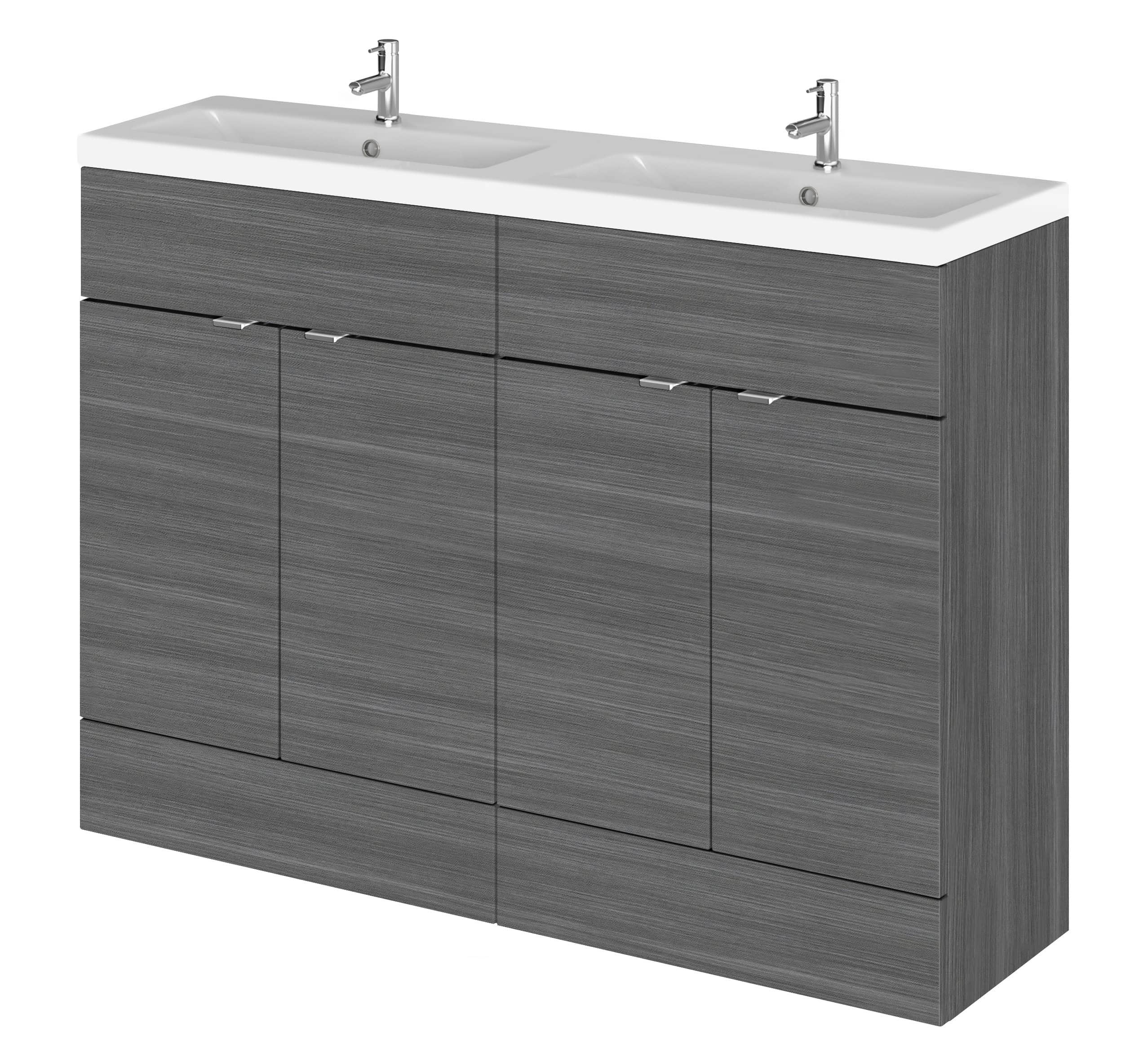 Sleek double vanity bathroom unit with grey wood finish and integrated double sinks, ideal for modern bathroom decor and space optimisation.
