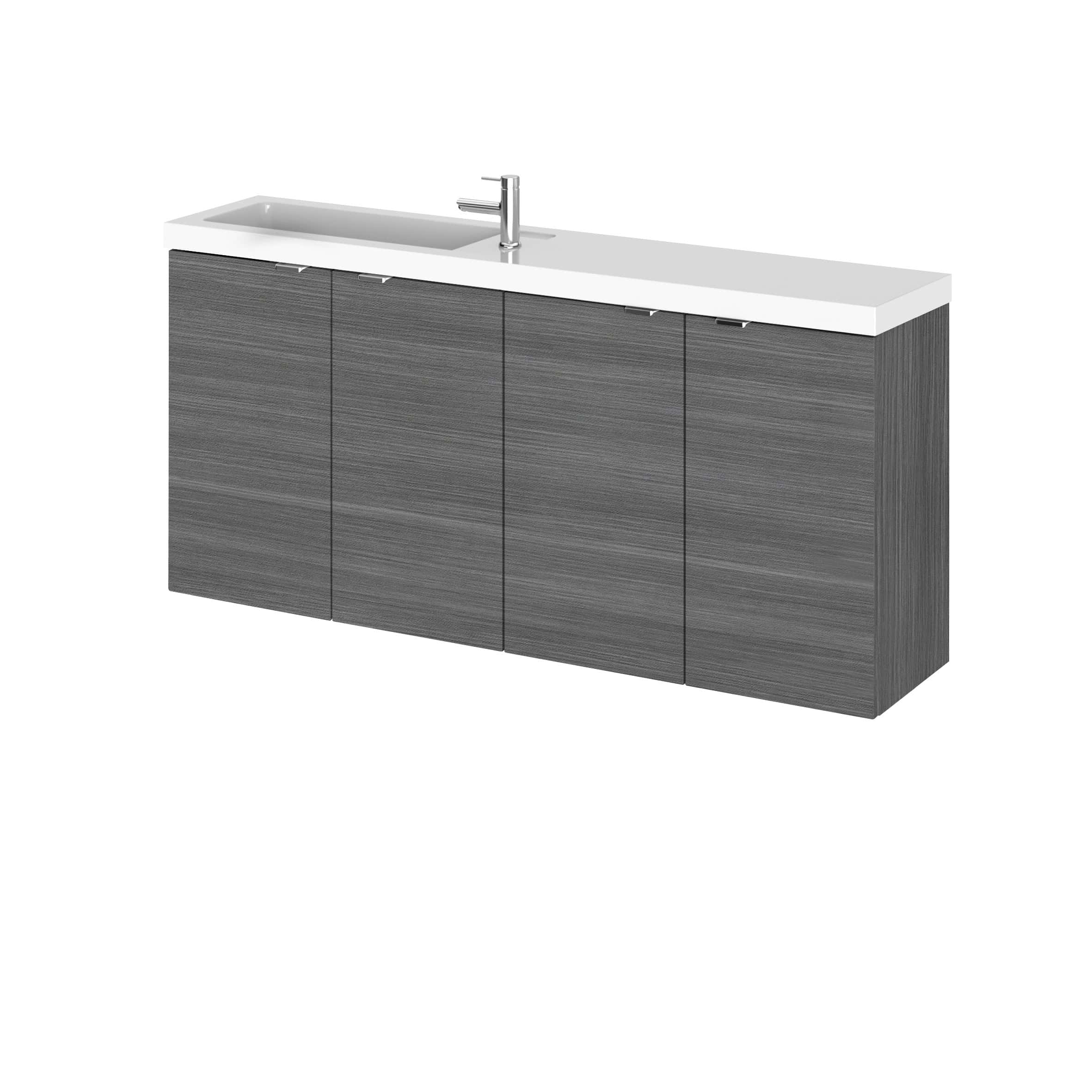Sleek grey bathroom vanity unit with integrated sink and modern chrome tap, ideal for contemporary bathroom designs.