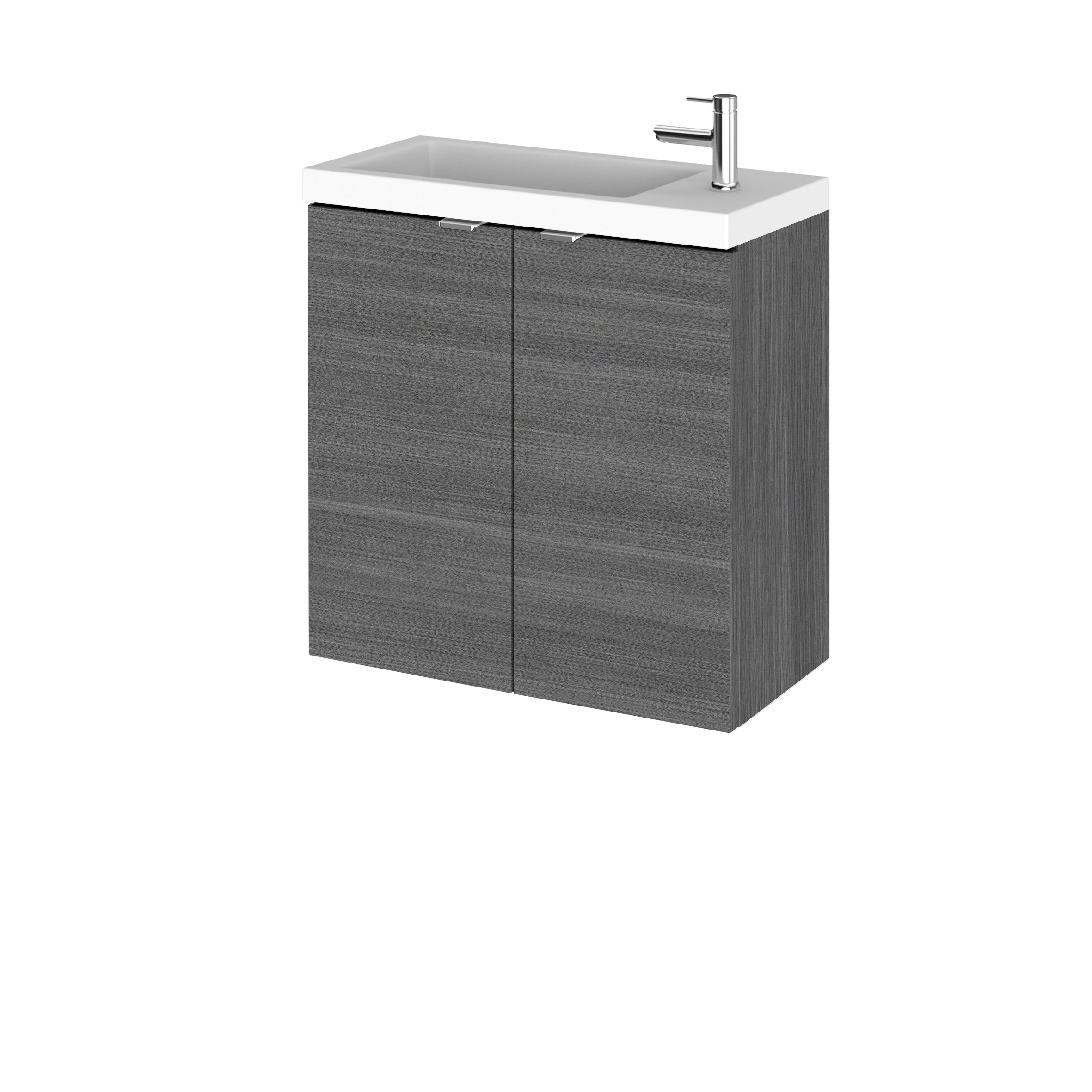 Sleek grey bathroom vanity unit with integrated sink and modern chrome tap, ideal for contemporary bathroom designs. Durable, stylish storage solution for bathroom essentials.