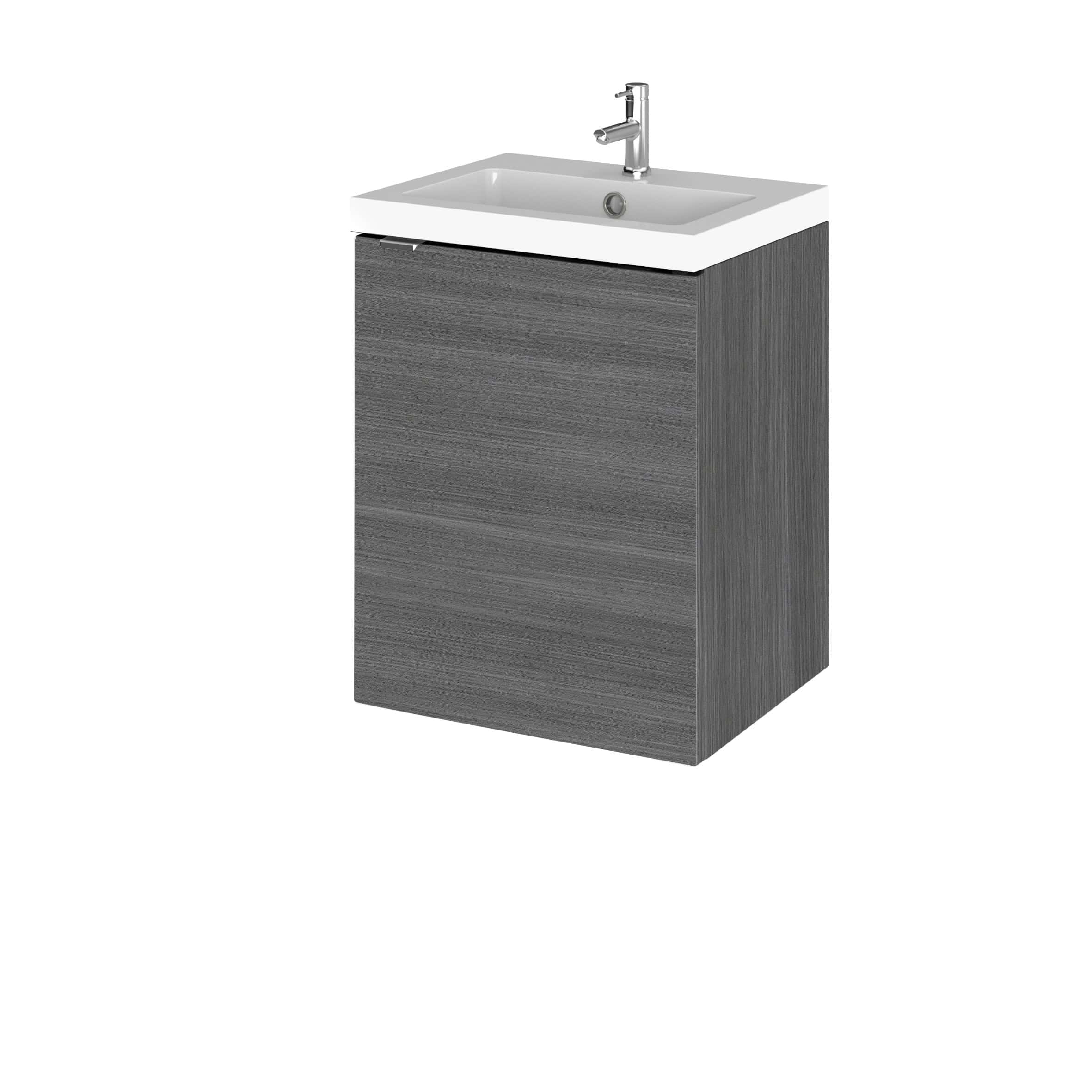 Modern grey bathroom vanity unit with integrated sink and chrome faucet, ideal for contemporary bathroom designs and space-saving solutions.