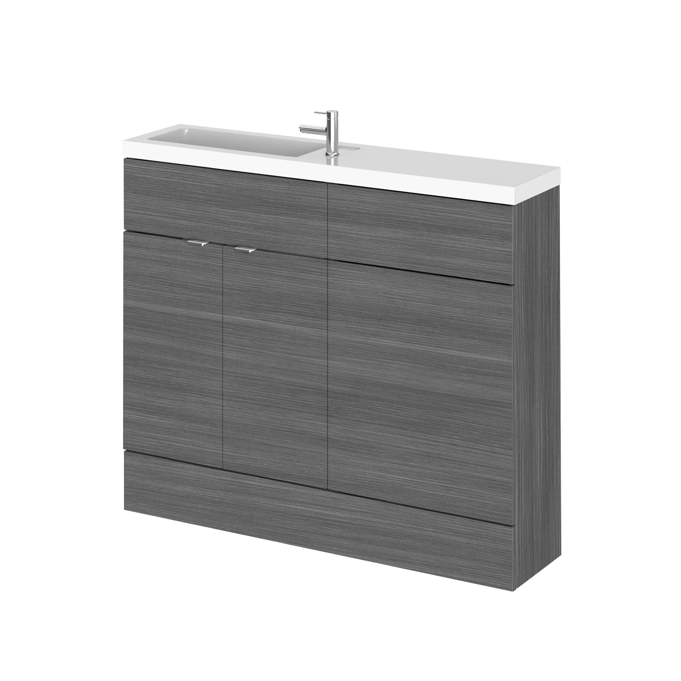 Contemporary grey wooden bathroom vanity unit with integrated sink and chrome tap, ideal for modern bathroom renovations. Sleek storage drawers provide practical and stylish storage solutions.