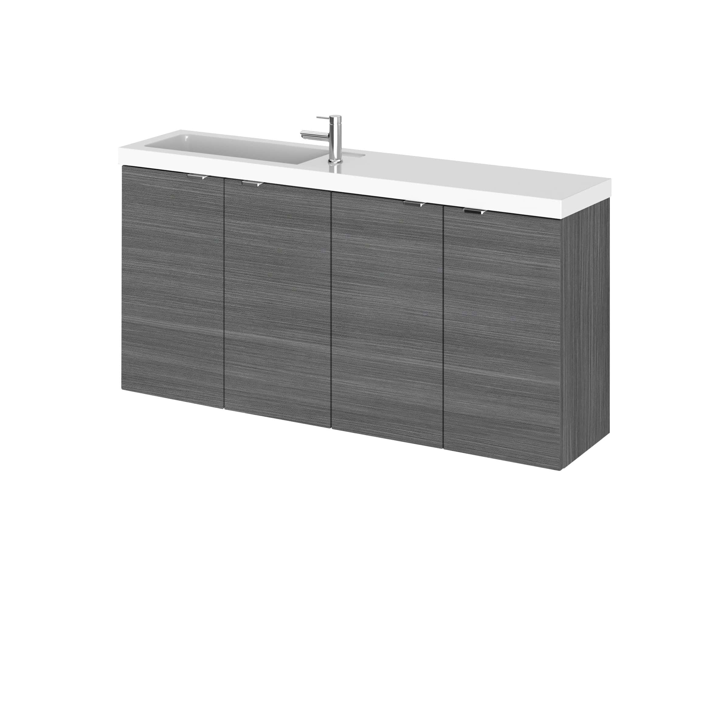 Sleek grey bathroom vanity with integrated sink and modern chrome tap, perfect for contemporary bathrooms. Durable storage cabinets offer functional space for bathroom essentials.