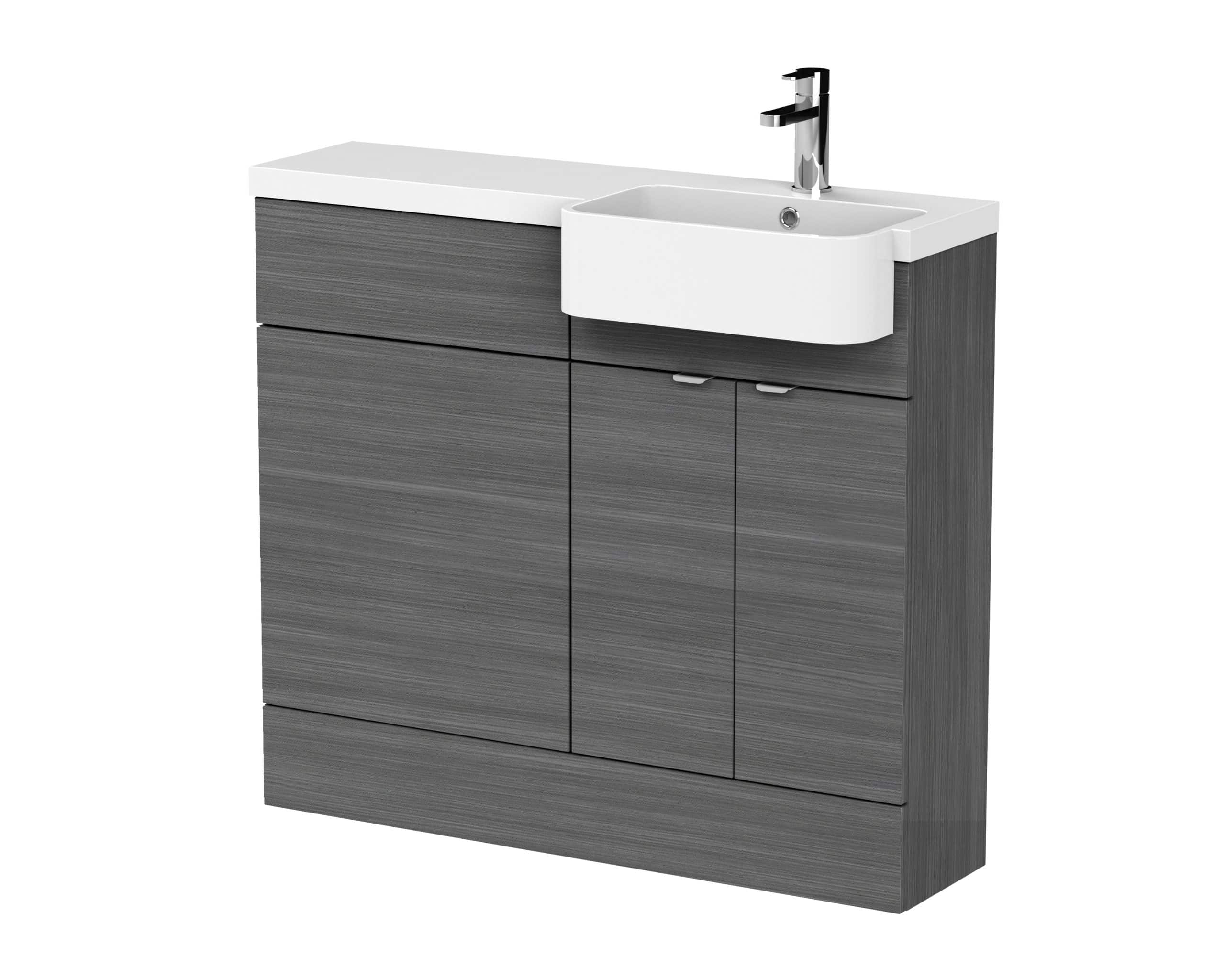 Modern grey bathroom vanity unit with integrated sink and chrome tap, designed for contemporary bathrooms. Perfect for stylish bathroom upgrades and efficient storage solutions.