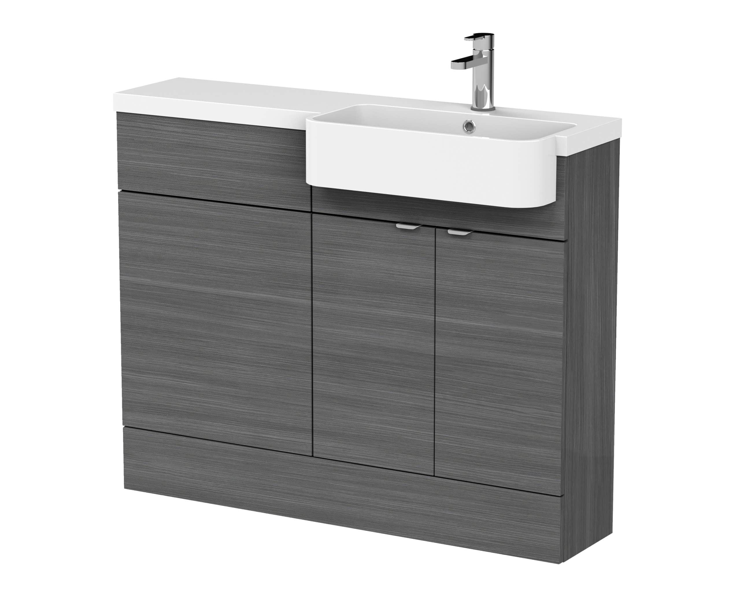 Modern grey bathroom vanity unit with integrated sink and chrome tap, ideal for stylish bathroom storage and fixtures. Perfect for contemporary bathroom renovations and bathroom furniture solutions.