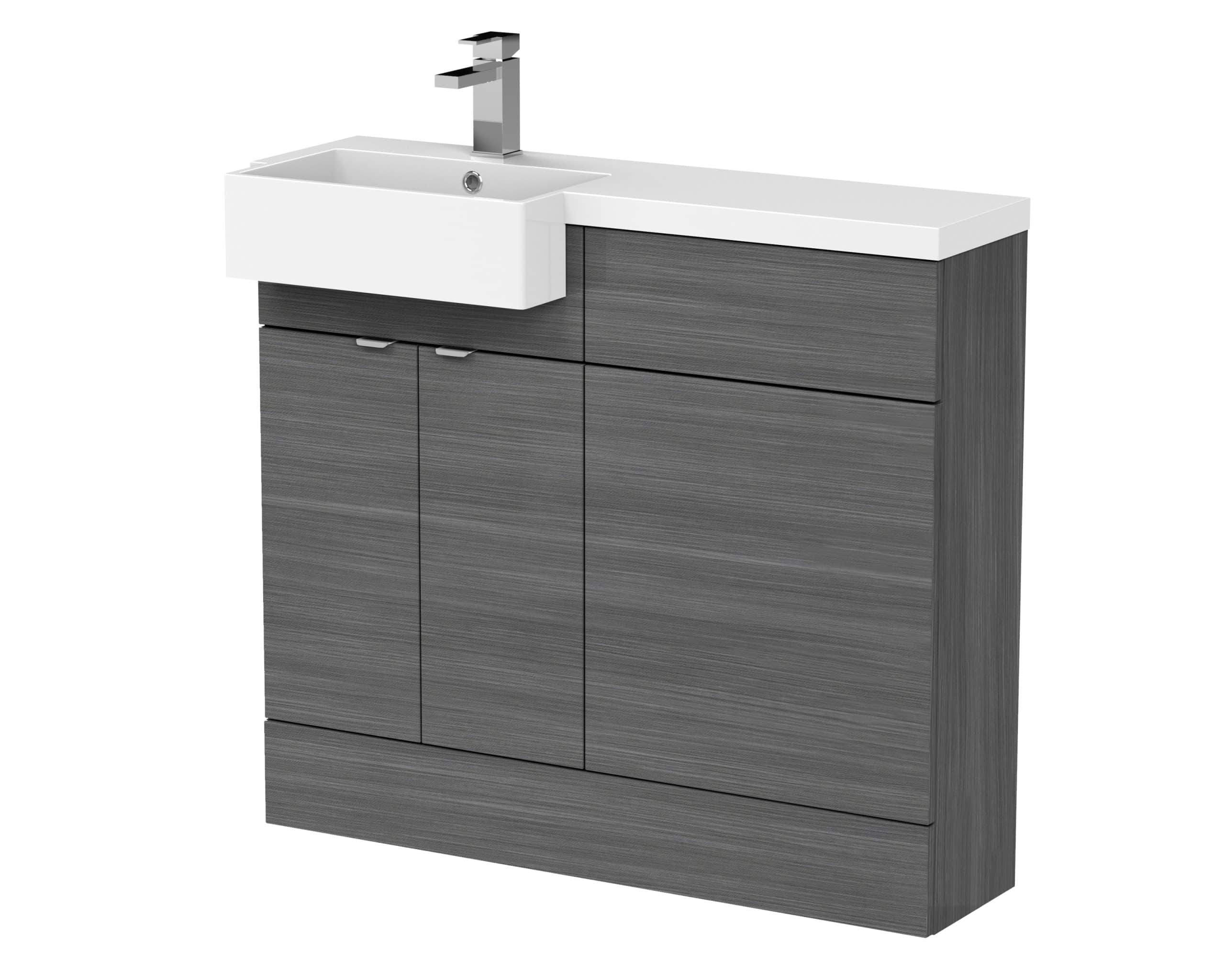 Modern grey bathroom vanity unit with integrated basin and chrome tap, stylish bathroom furniture for contemporary bathroom designs, high-quality storage solutions from Bubly Bathrooms.