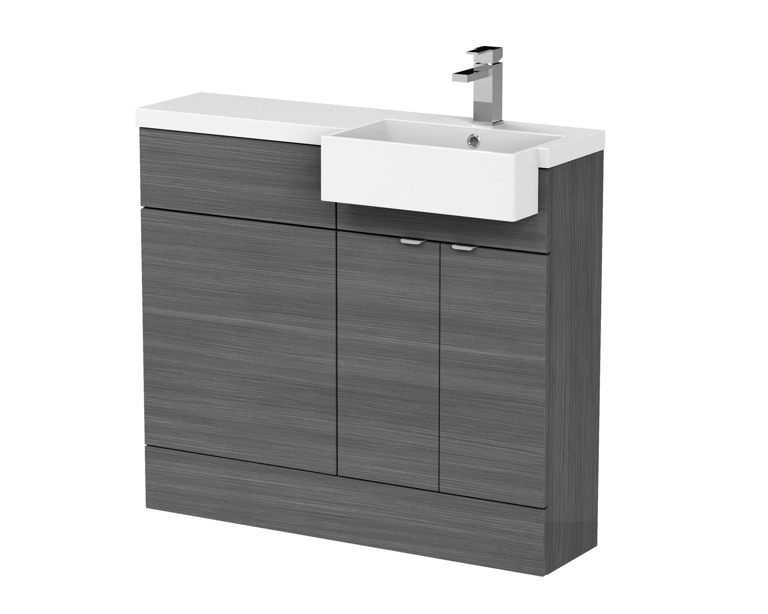 Contemporary bathroom vanity unit with integrated sink, grey wood finish, modern chrome faucet, ample storage space, ideal for stylish and functional bathroom bathroom cabinetry and fixtures.