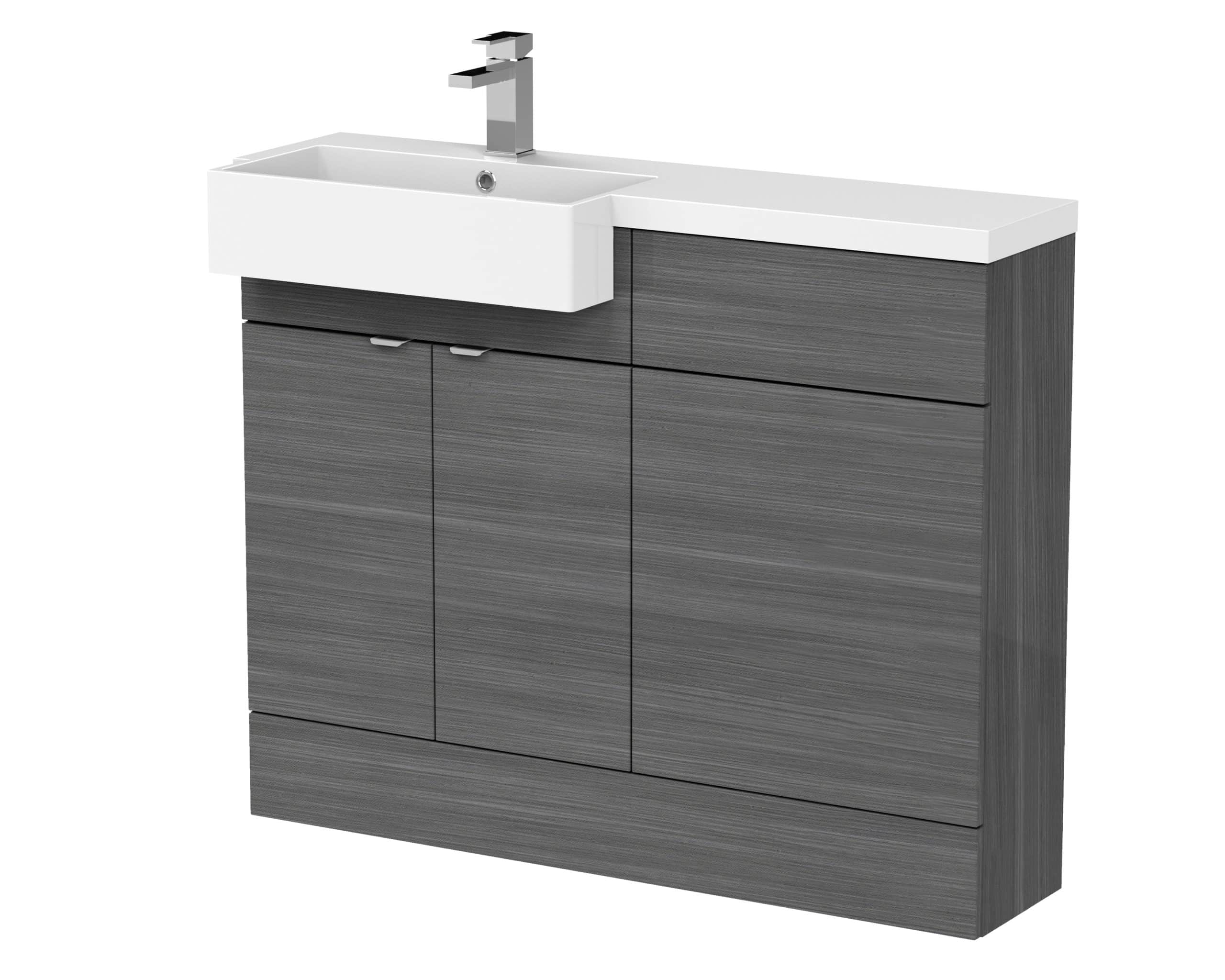 Modern bathroom vanity unit with integrated sink and chrome tap, featuring grey wood-effect finish ideal for contemporary bubly bathroom designs.