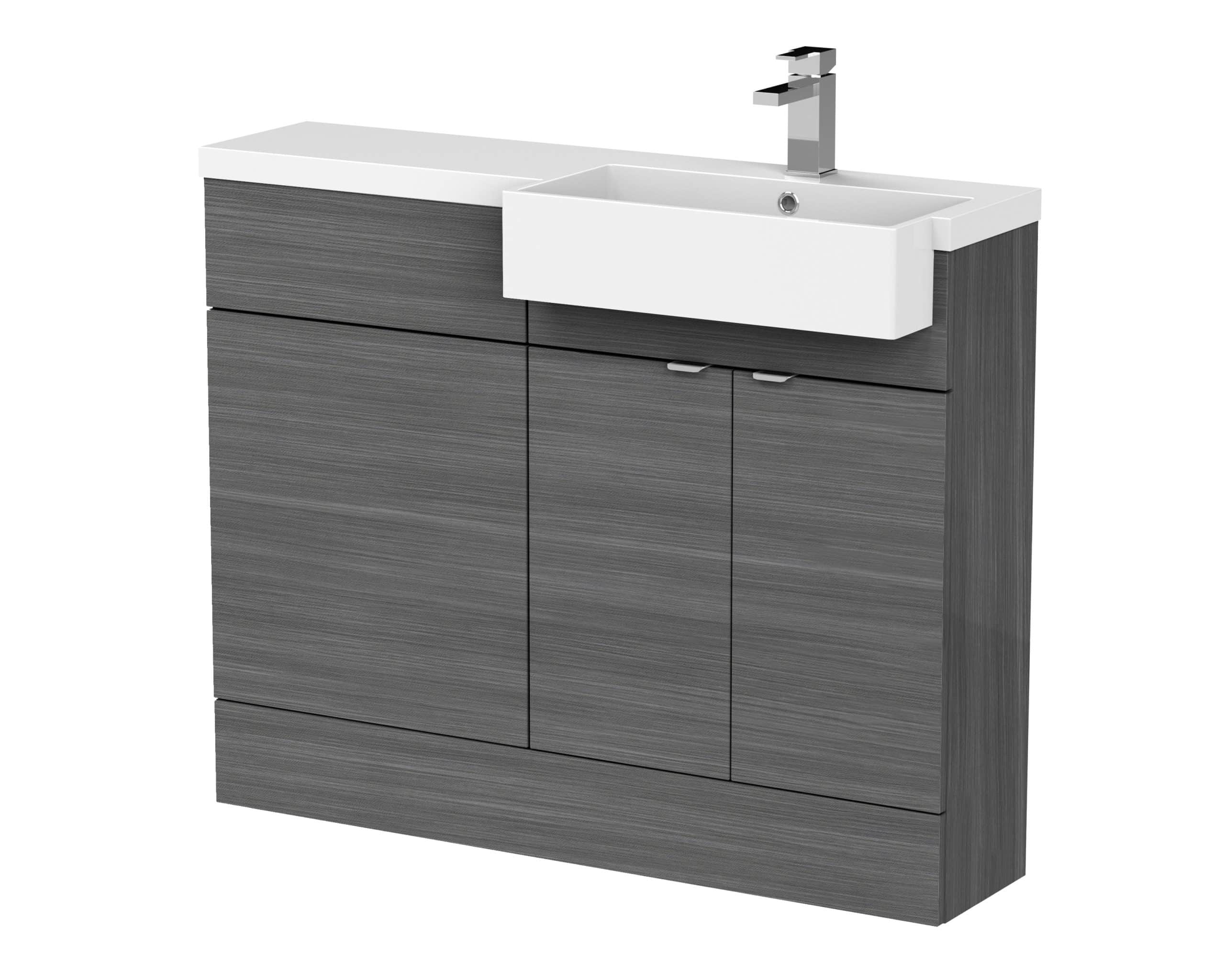 Modern grey bathroom vanity unit with integrated sink, storage cabinets, and chrome tap – ideal for stylish and functional bathrooms.