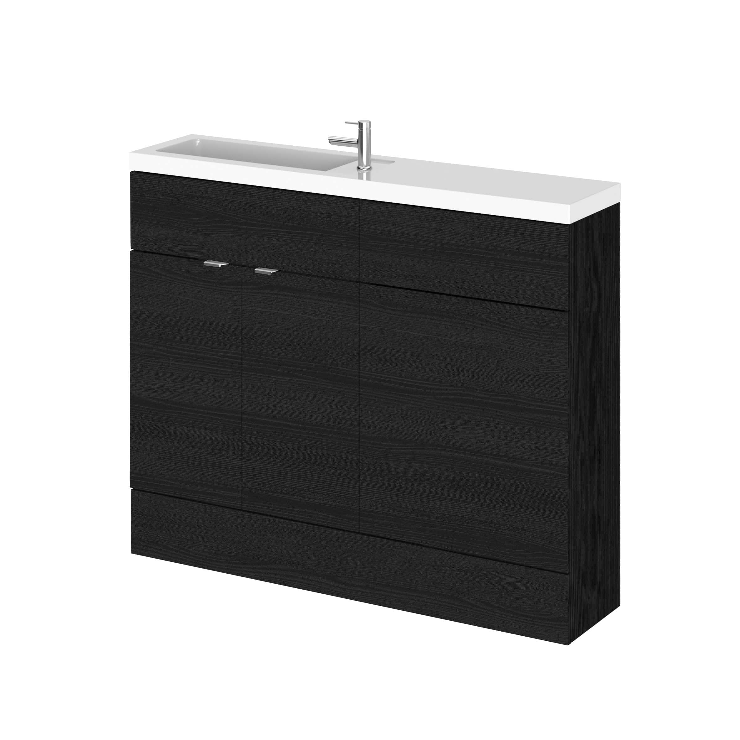 Sleek black bathroom vanity with integrated sink and modern chrome tap, ideal for contemporary bathroom fittings, offering elegant storage and functionality.