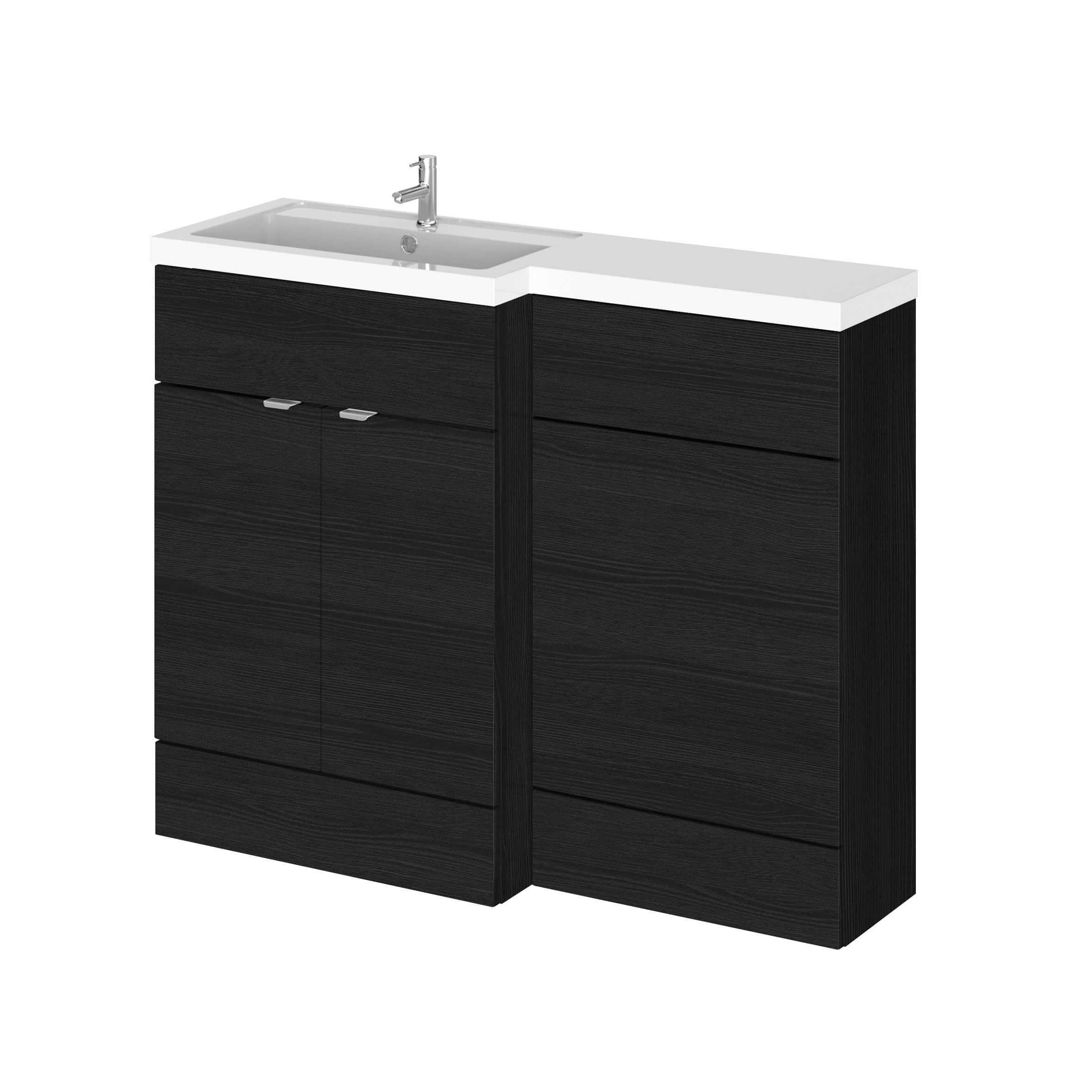 Sleek black bathroom vanity unit with integrated sink and modern chrome tap, perfect for contemporary bathroom designs and efficient storage solutions.