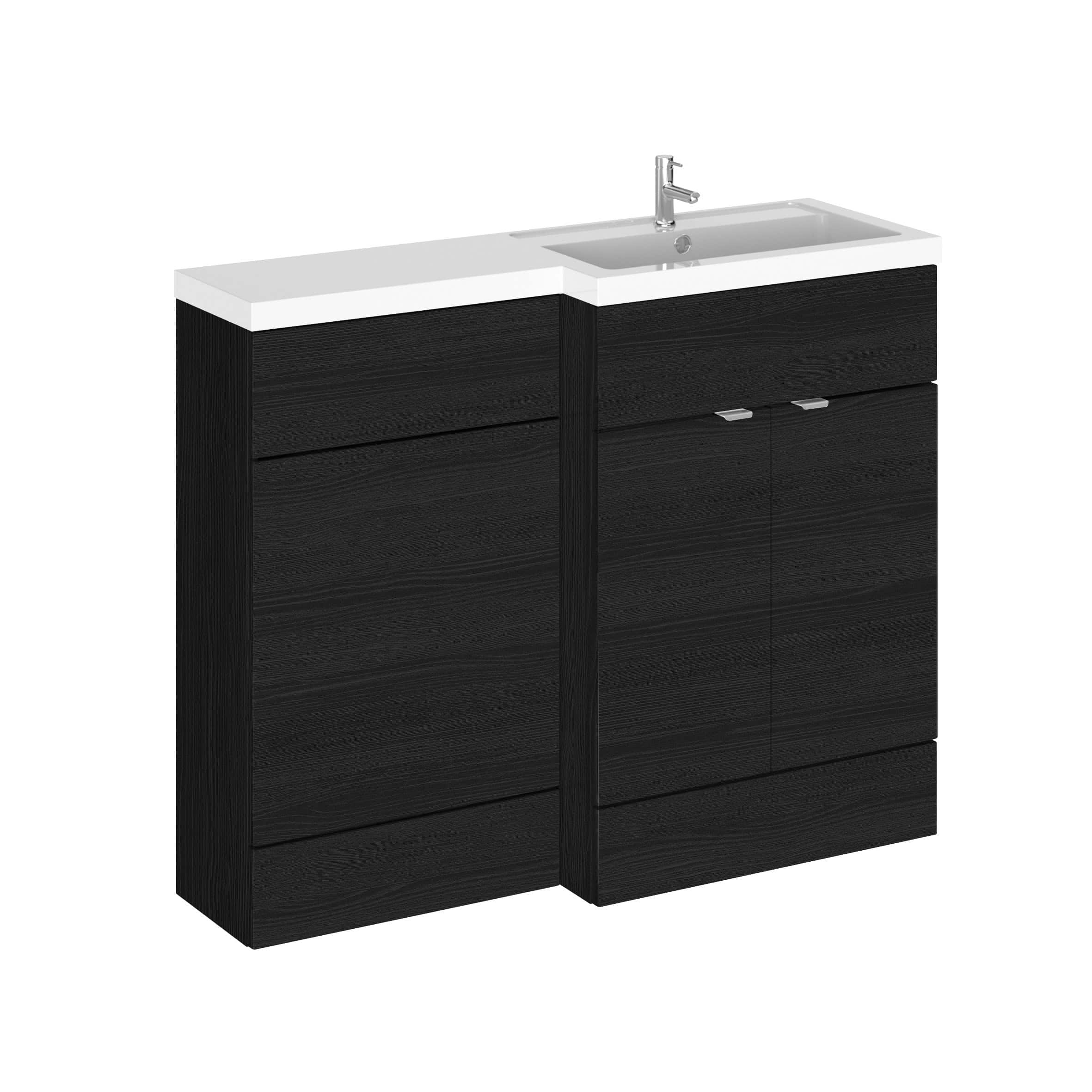 Modern black bathroom vanity unit with integrated sink and contemporary chrome tap, ideal for stylish bathroom renovation and space-efficient storage solutions.