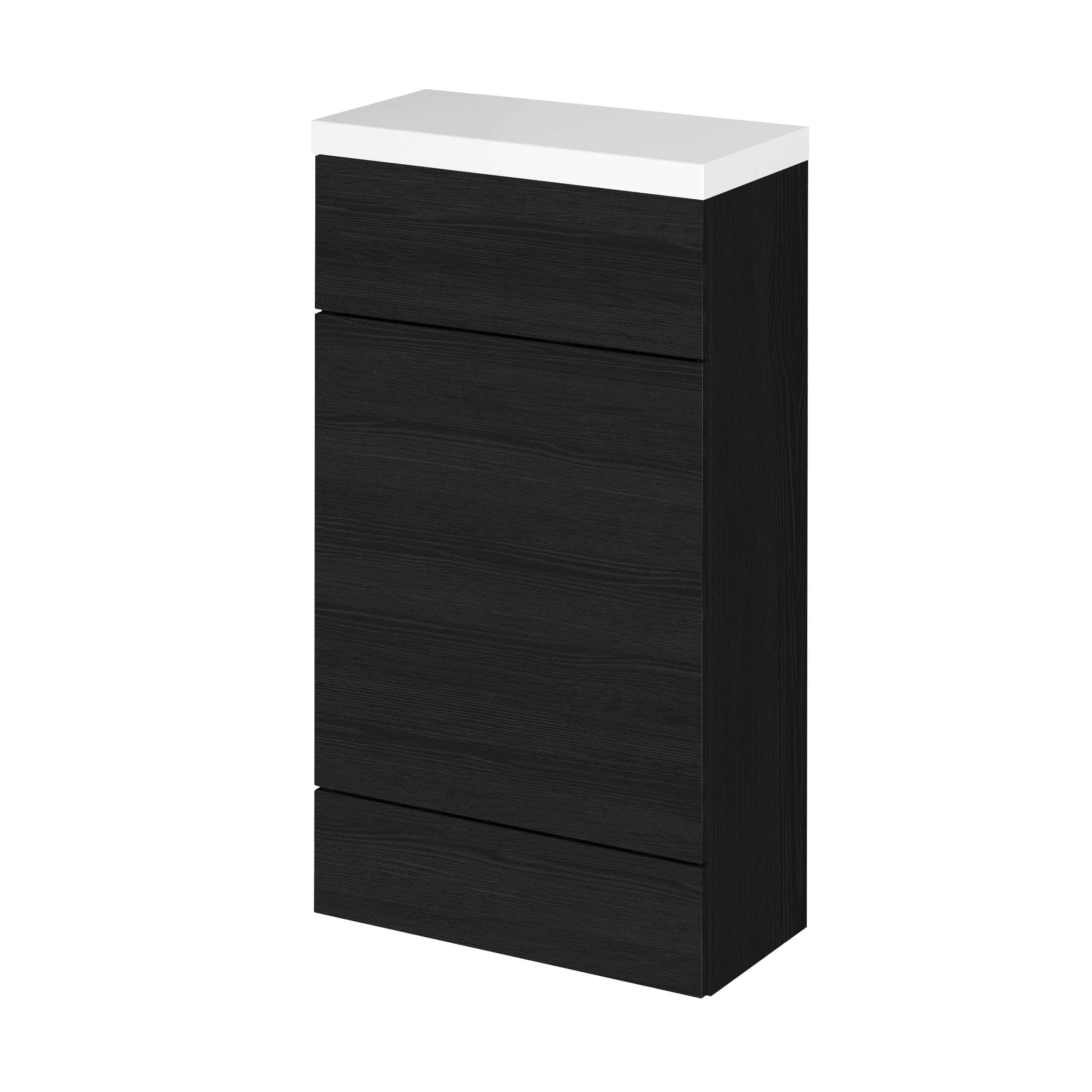 Sleek black bathroom cabinet with white top, modern storage solution for bathrooms. Durable wooden finish with multiple drawers for organised storage. Ideal for contemporary bathroom designs.