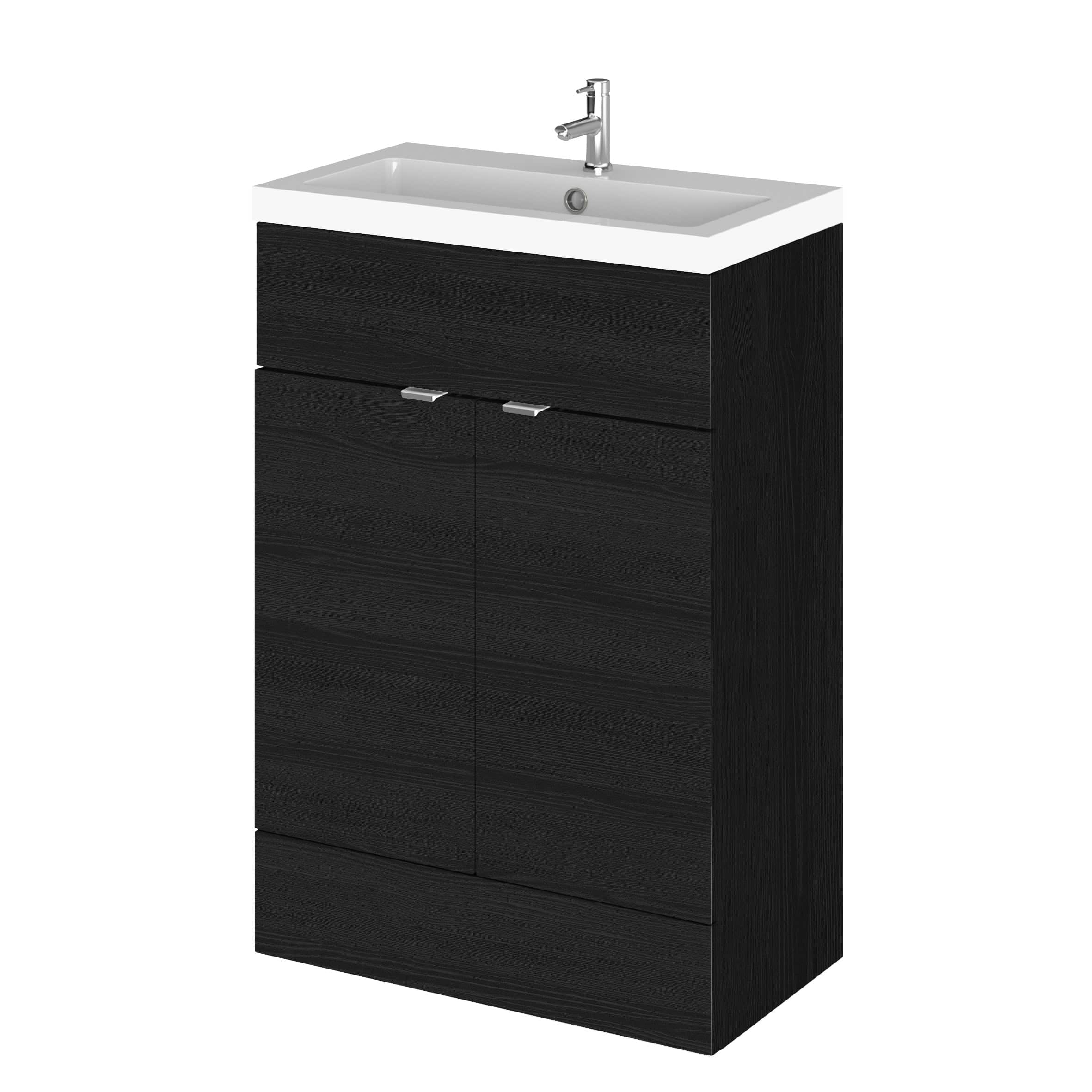 Modern black bathroom vanity with sleek design, integrated sink and chrome faucet, ideal for contemporary bathroom interiors, combining style and functionality.