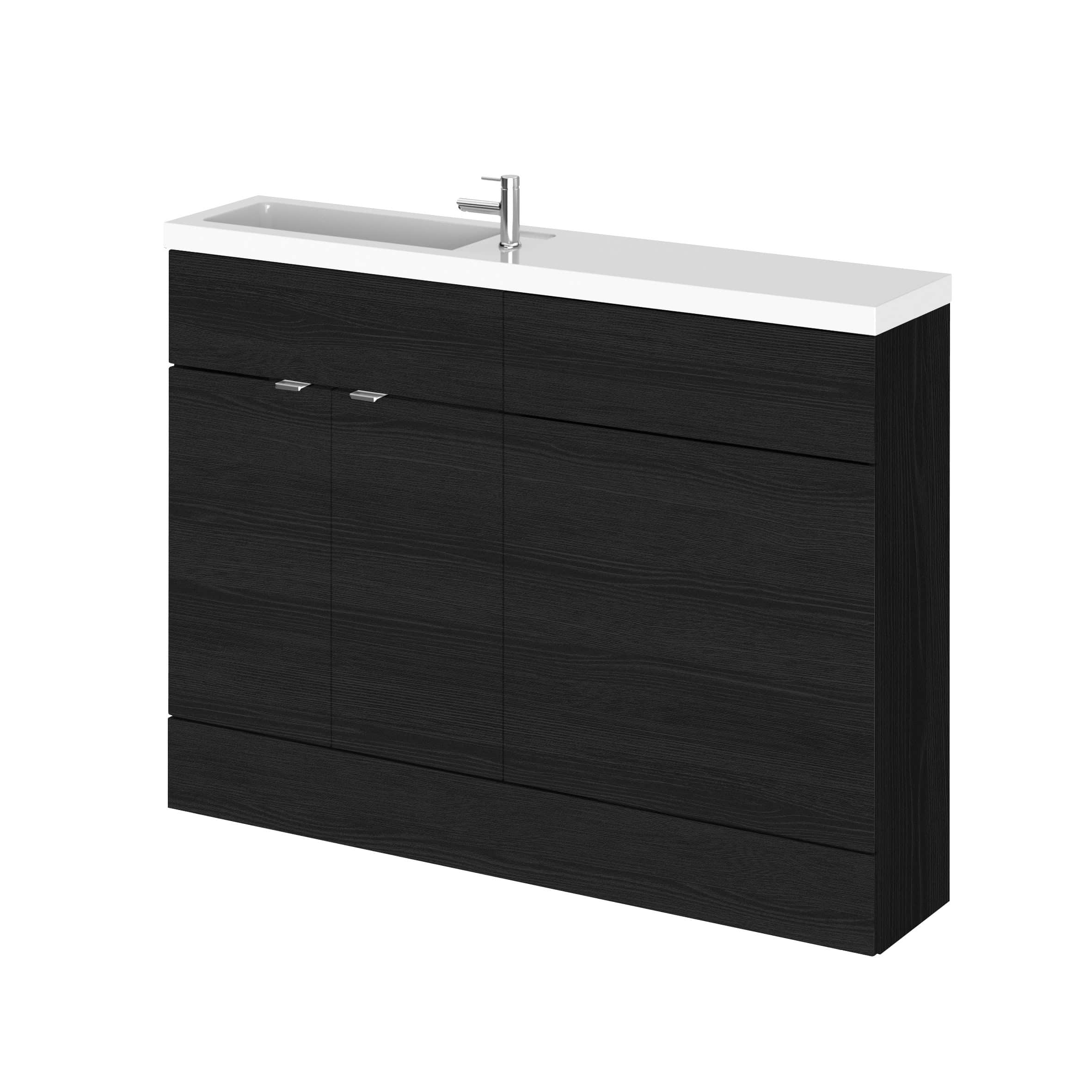 Modern black bathroom vanity unit with integrated sink and sleek chrome faucet, ideal for contemporary bathroom designs and storage solutions.