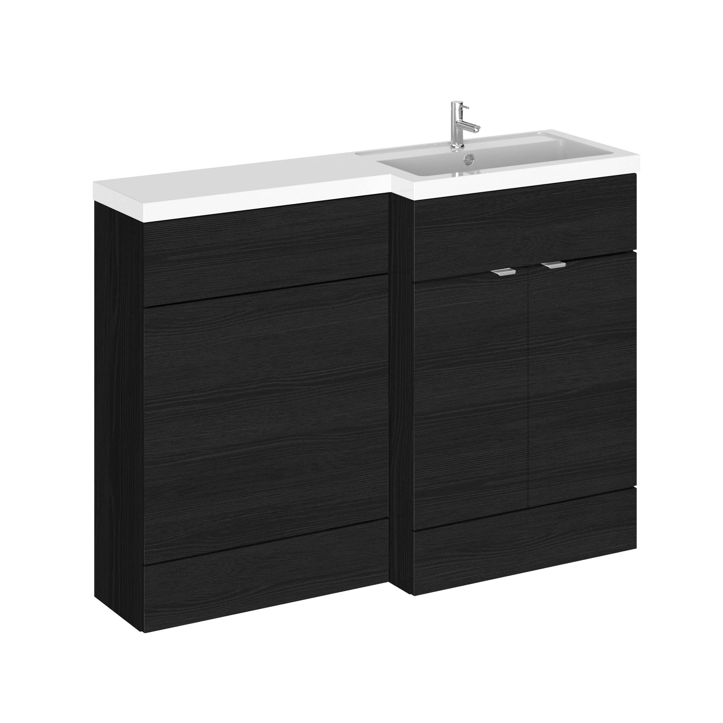 Sleek black bathroom vanity unit with integrated sink and modern chrome tap, perfect for contemporary bathrooms, offering practical storage solutions and stylish design elements.