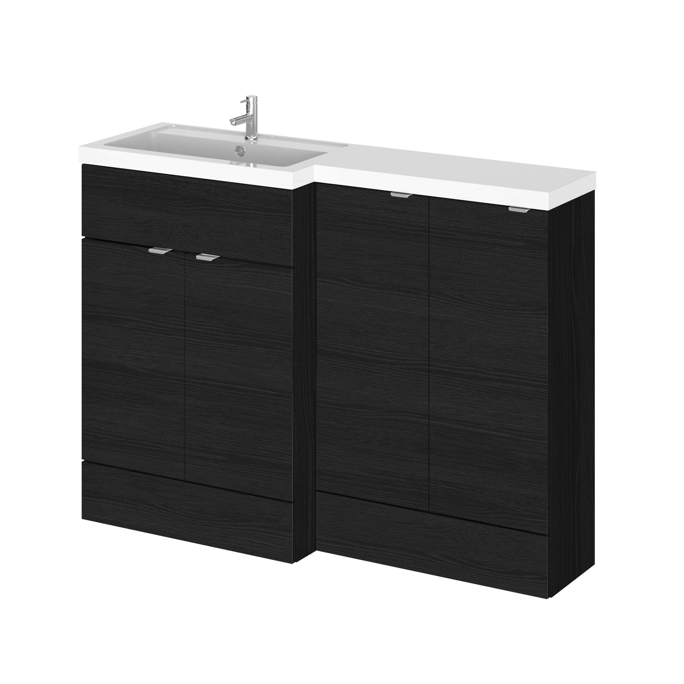 Sleek black bathroom vanity with integrated sink, modern design, and storage cabinets, perfect for contemporary bathrooms. Featuring a minimalist style and functional functionality.