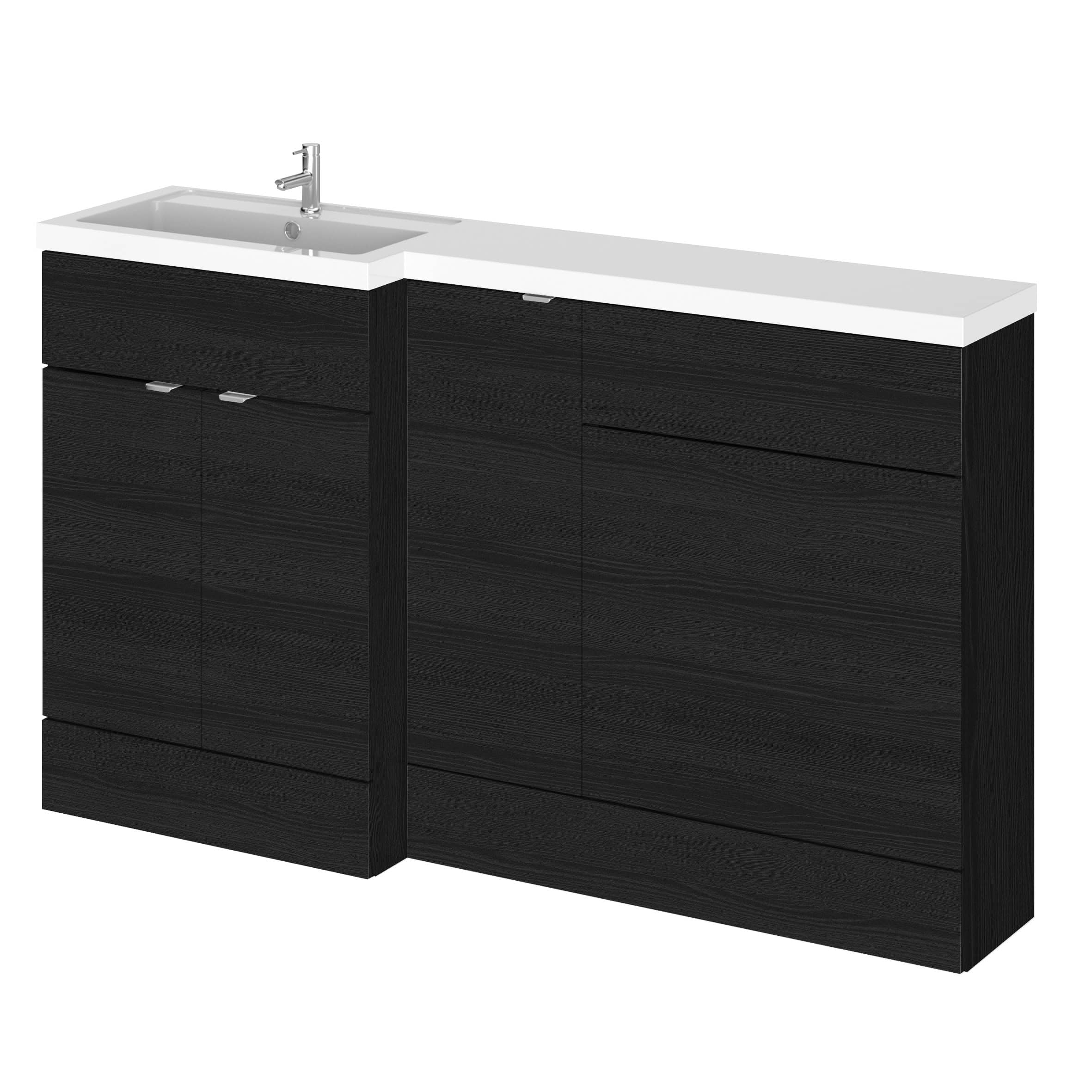 Modern black bathroom vanity unit with integrated sink and chrome tap, suitable for contemporary bathroom designs, offering storage space and sleek style.