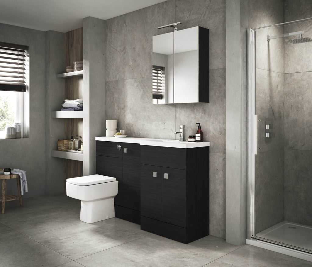 Modern minimalist bathroom with sleek black vanity, wall-mounted mirror cabinet, walk-in shower, and concrete wall finish, perfect for contemporary Bubly Bathrooms designs.