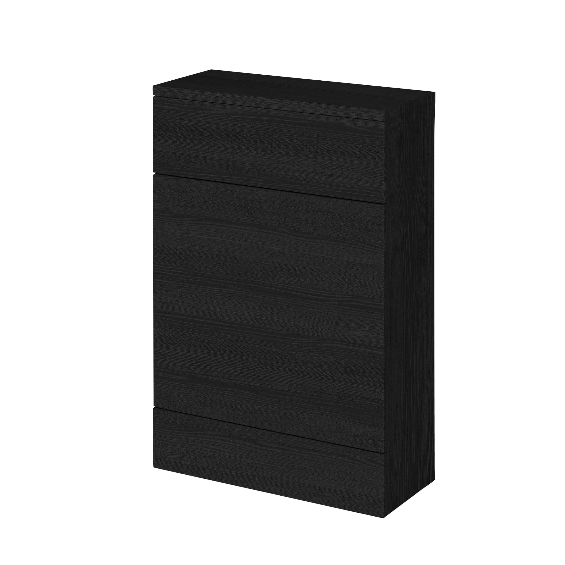 Black storage cabinet for bathroom organisation, modern design with sleek wood finish, ideal for bathroom storage solutions.