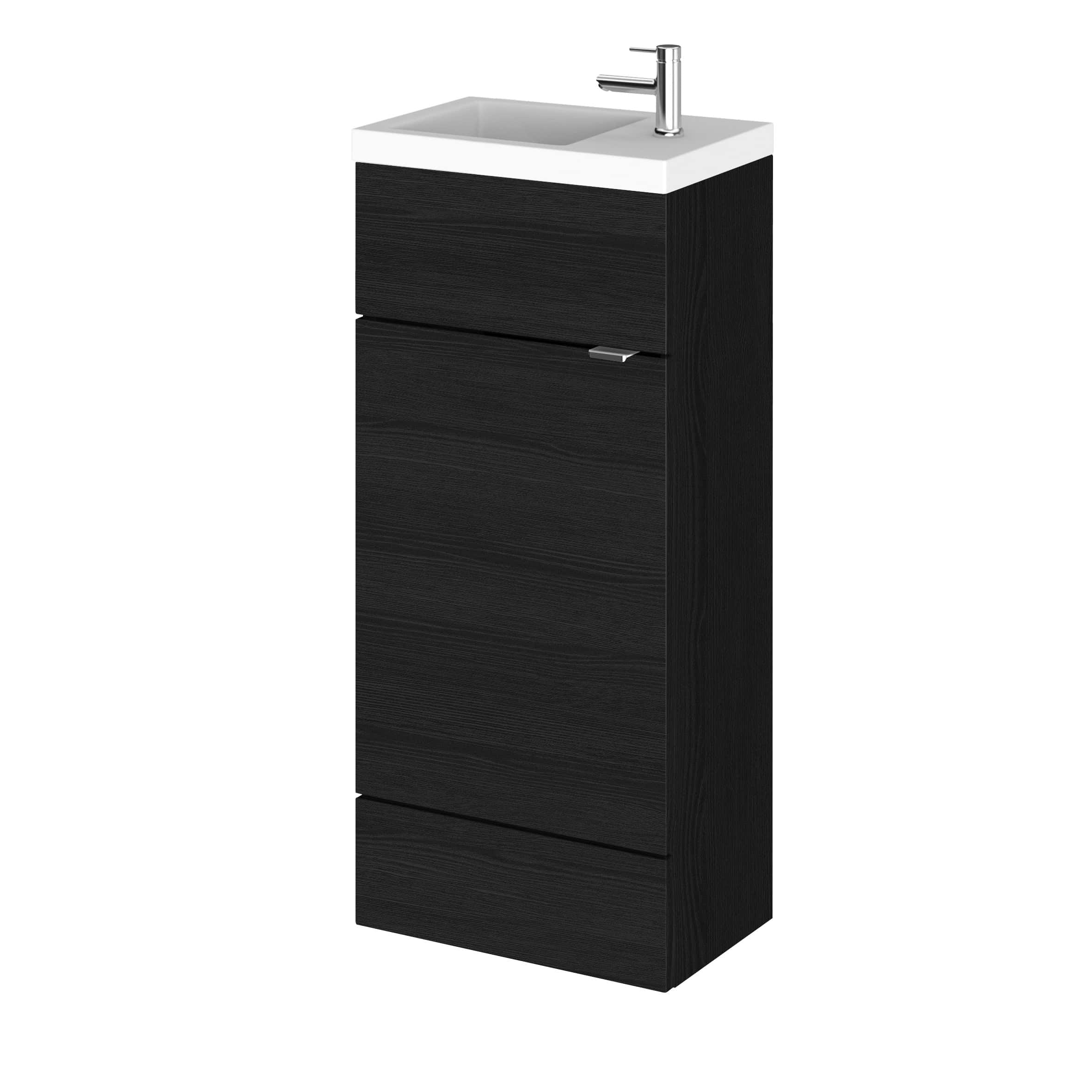 Sleek black bathroom vanity with integrated sink and modern chrome tap, ideal for contemporary bathrooms. Durable, aesthetic design combines storage and style.