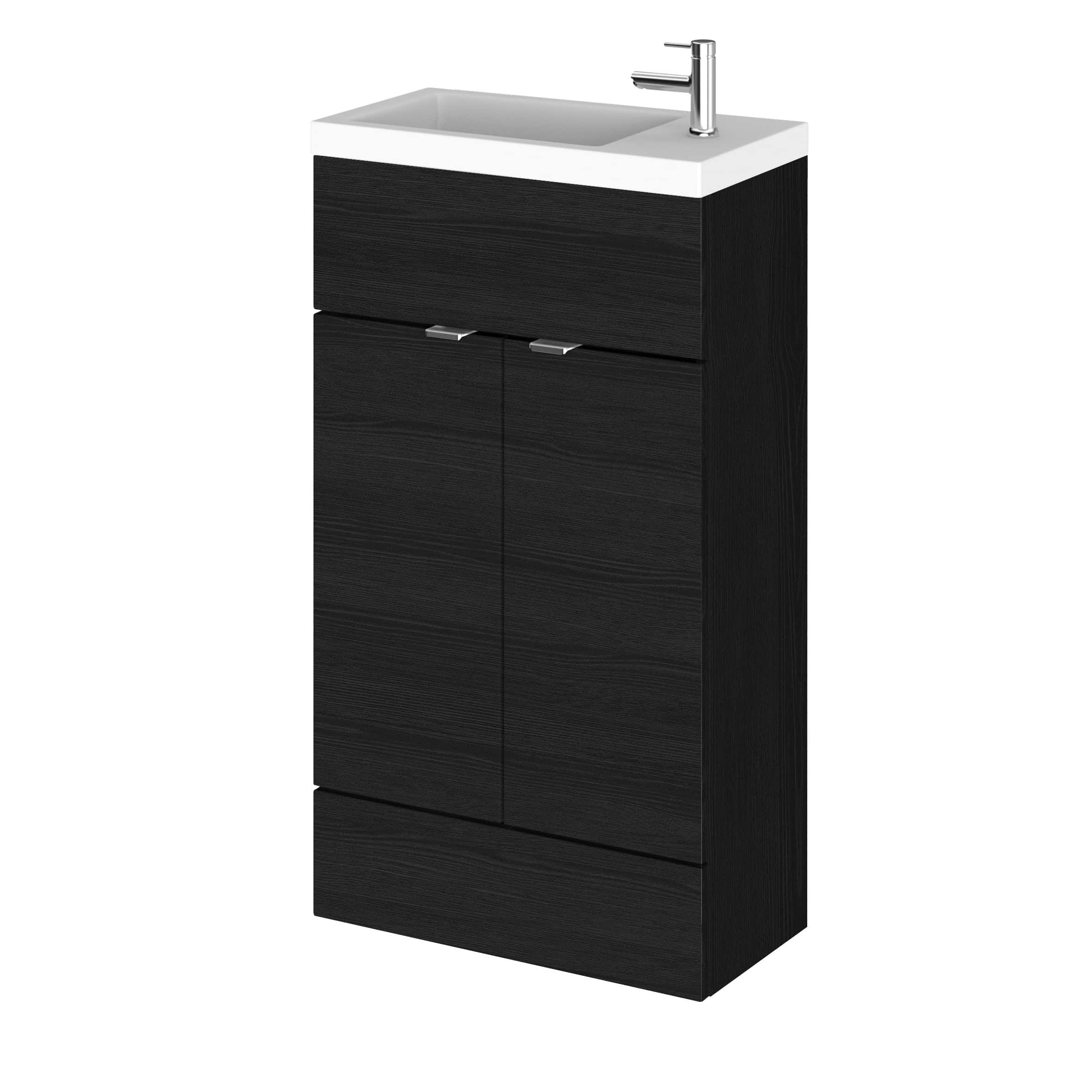 Sleek black bathroom vanity unit with integrated sink and modern chrome tap, ideal for contemporary bathroom designs. Durable finish and spacious storage for toiletries.