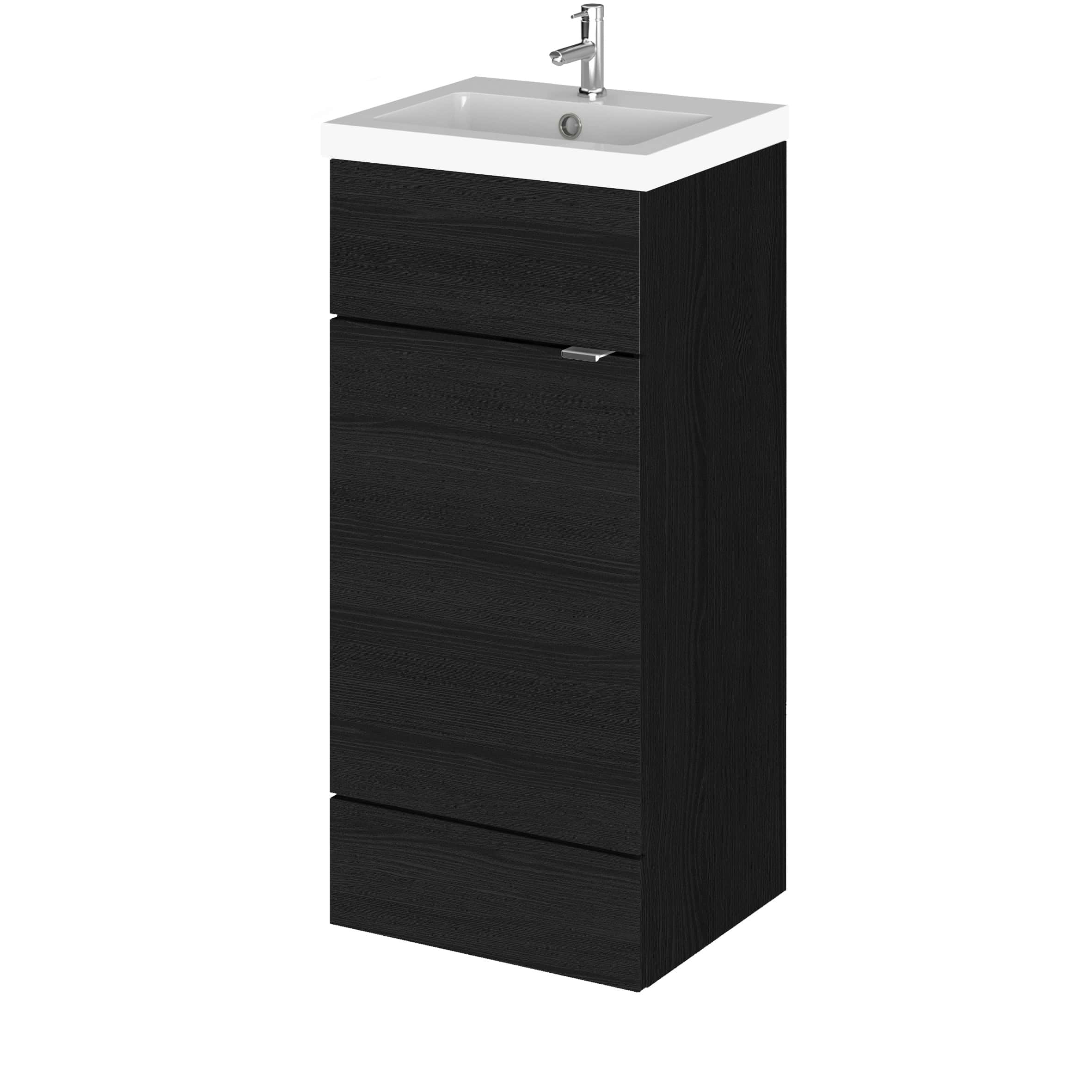 Elegant modern black bathroom vanity with integrated sink and sleek chrome tap for stylish bathroom storage solutions.