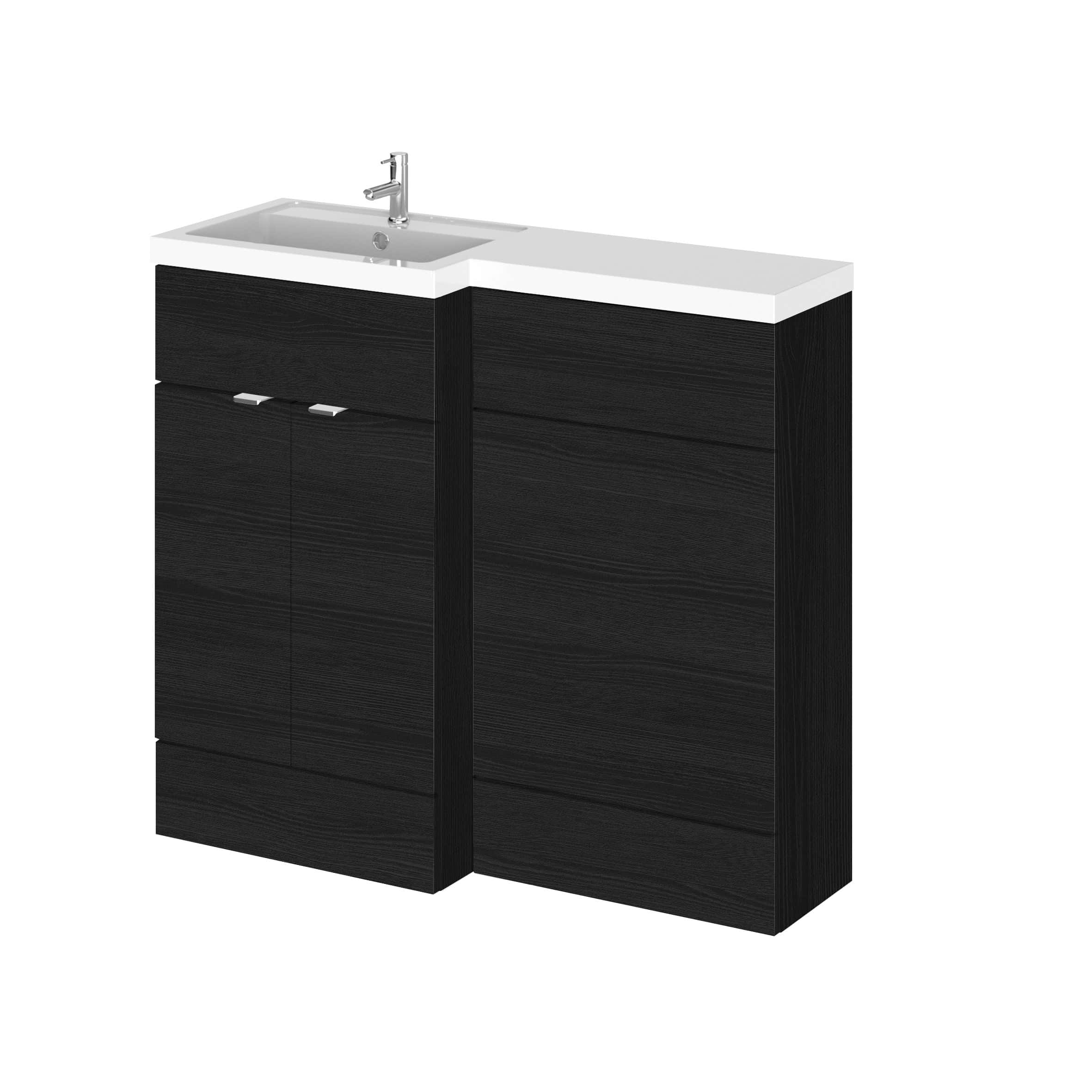 Modern black bathroom vanity with integrated sink and chrome faucet, ideal for contemporary cloakroom or small bathroom setups. Durable finish and sleek design enhance bathroom style and functionality.