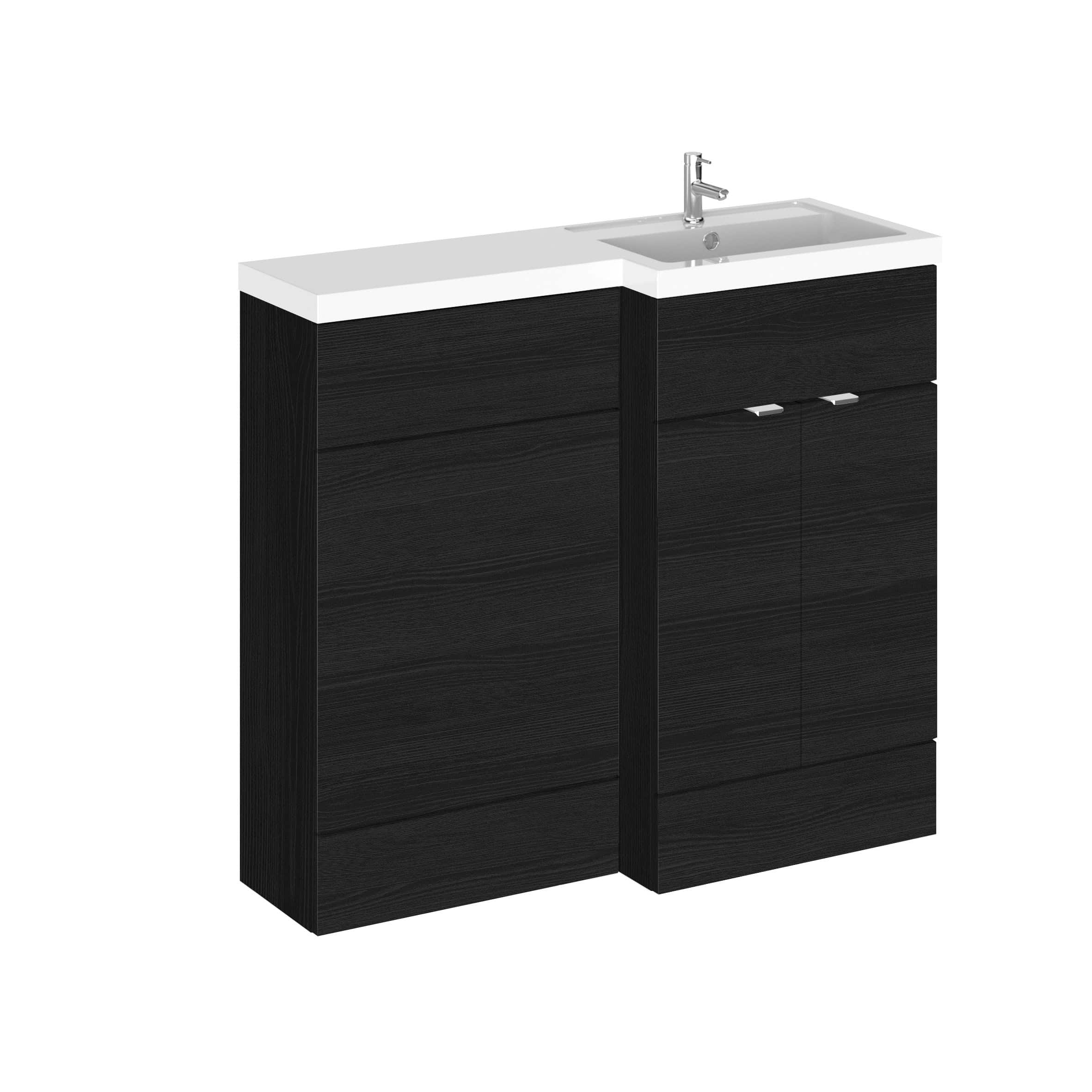 Modern black bathroom vanity unit with integrated sink and chrome tap, ideal for contemporary bathroom designs and storage solutions.