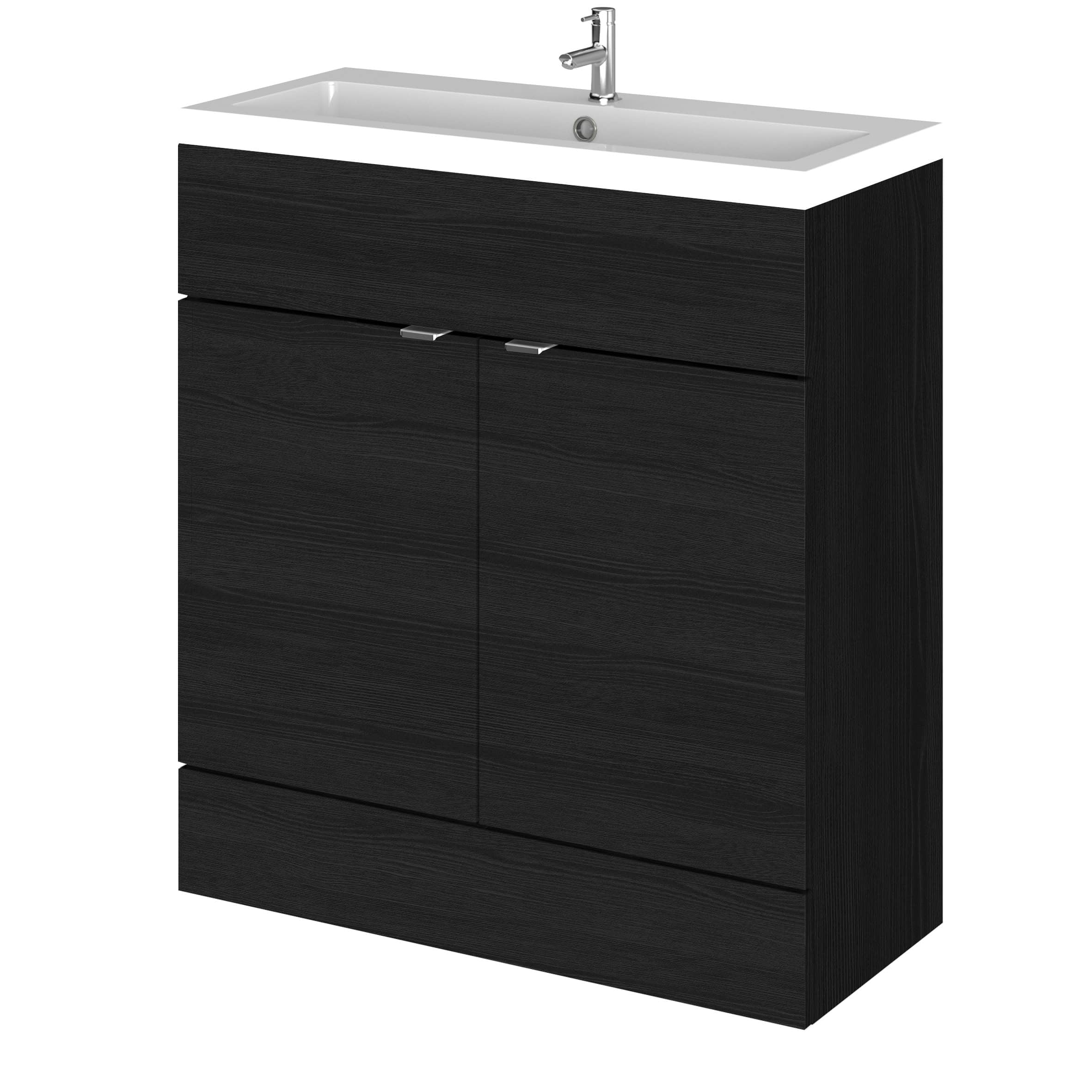 Sleek black bathroom vanity unit with integrated sink and modern chrome faucet, ideal for contemporary bathrooms. Provides stylish storage and functional design for bathroom organisation.