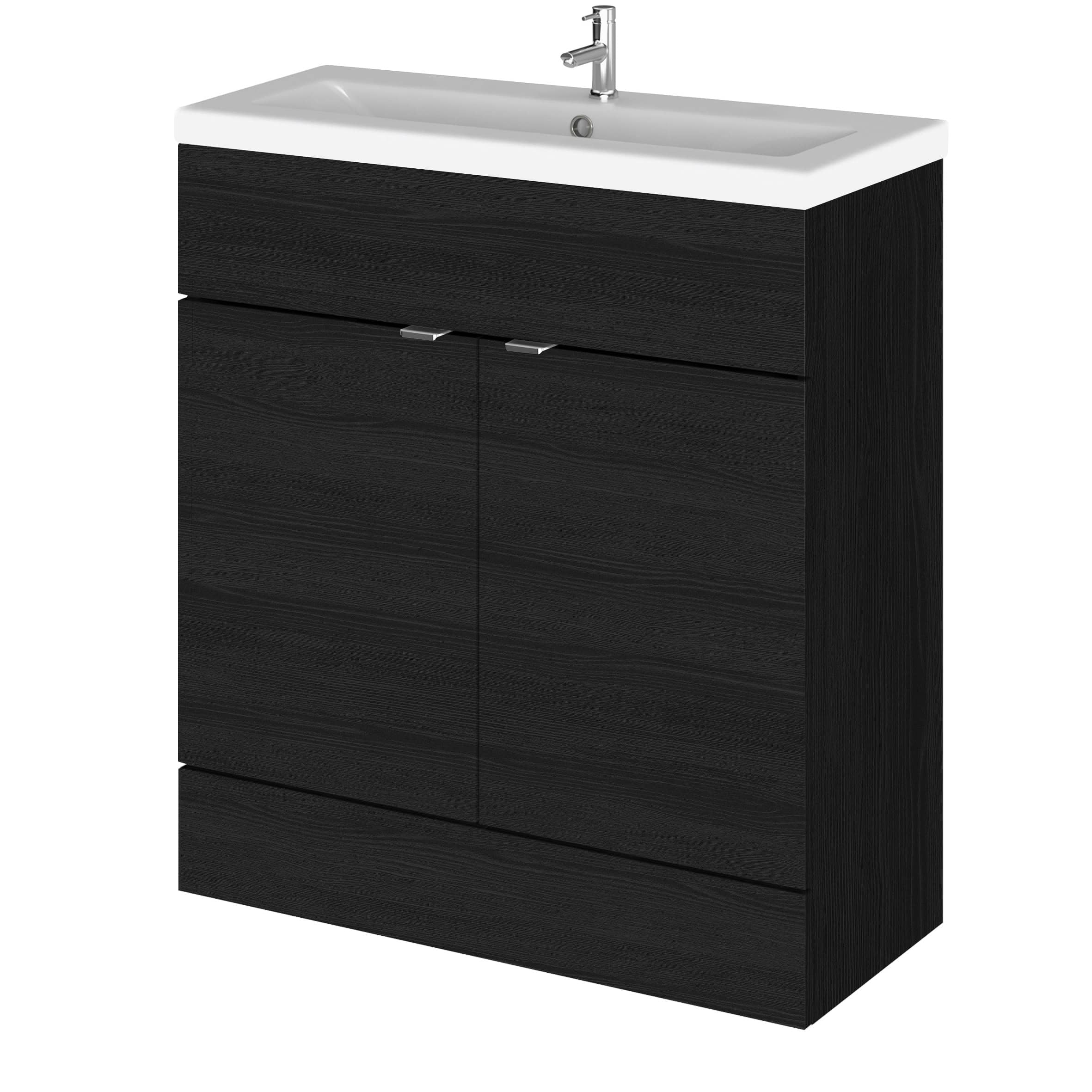 Modern black bathroom vanity with integrated sink and chrome tap, ideal for contemporary bathroom design and storage solutions.
