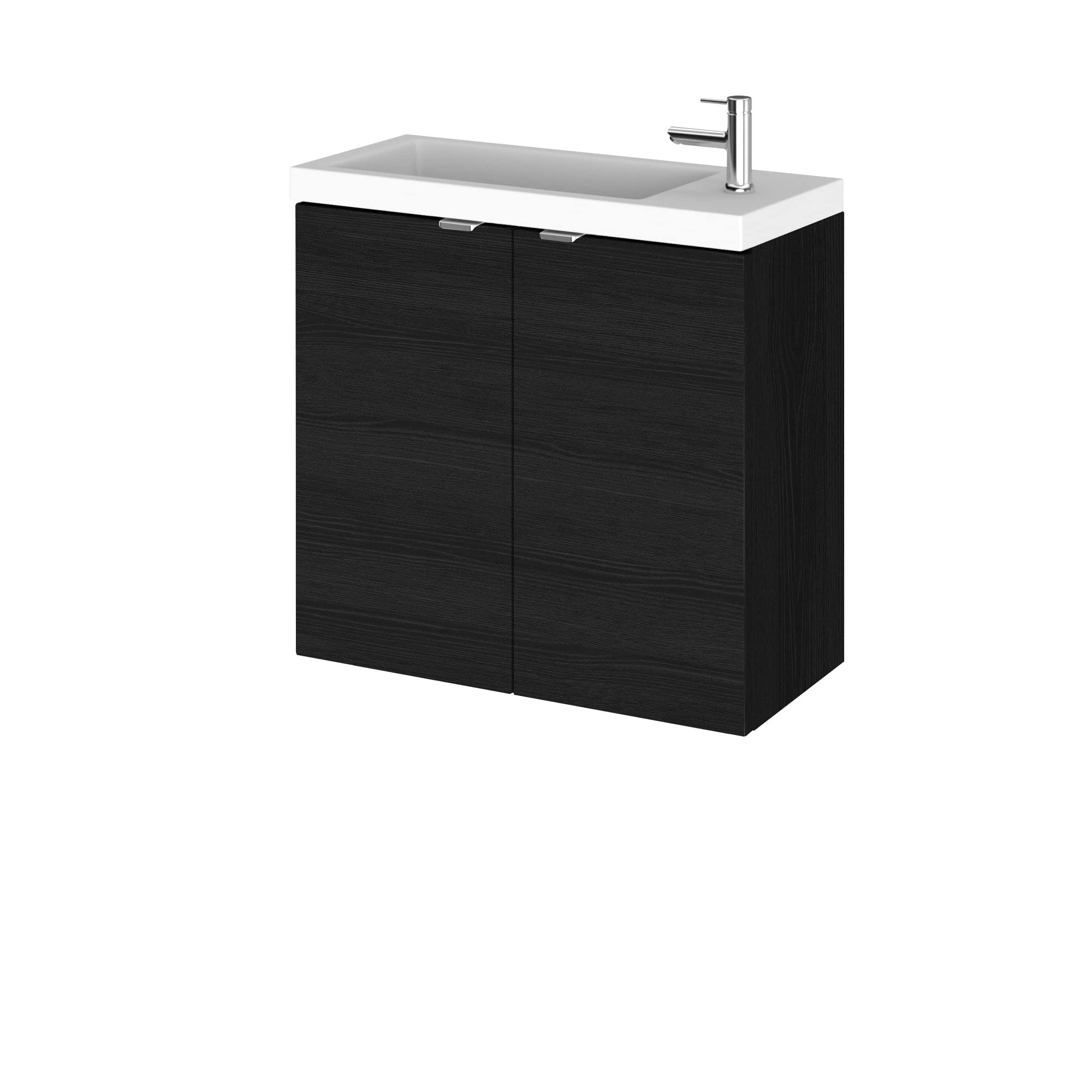 Sleek black bathroom cabinet with integrated sink and modern chrome tap, perfect for contemporary bathroom setups.