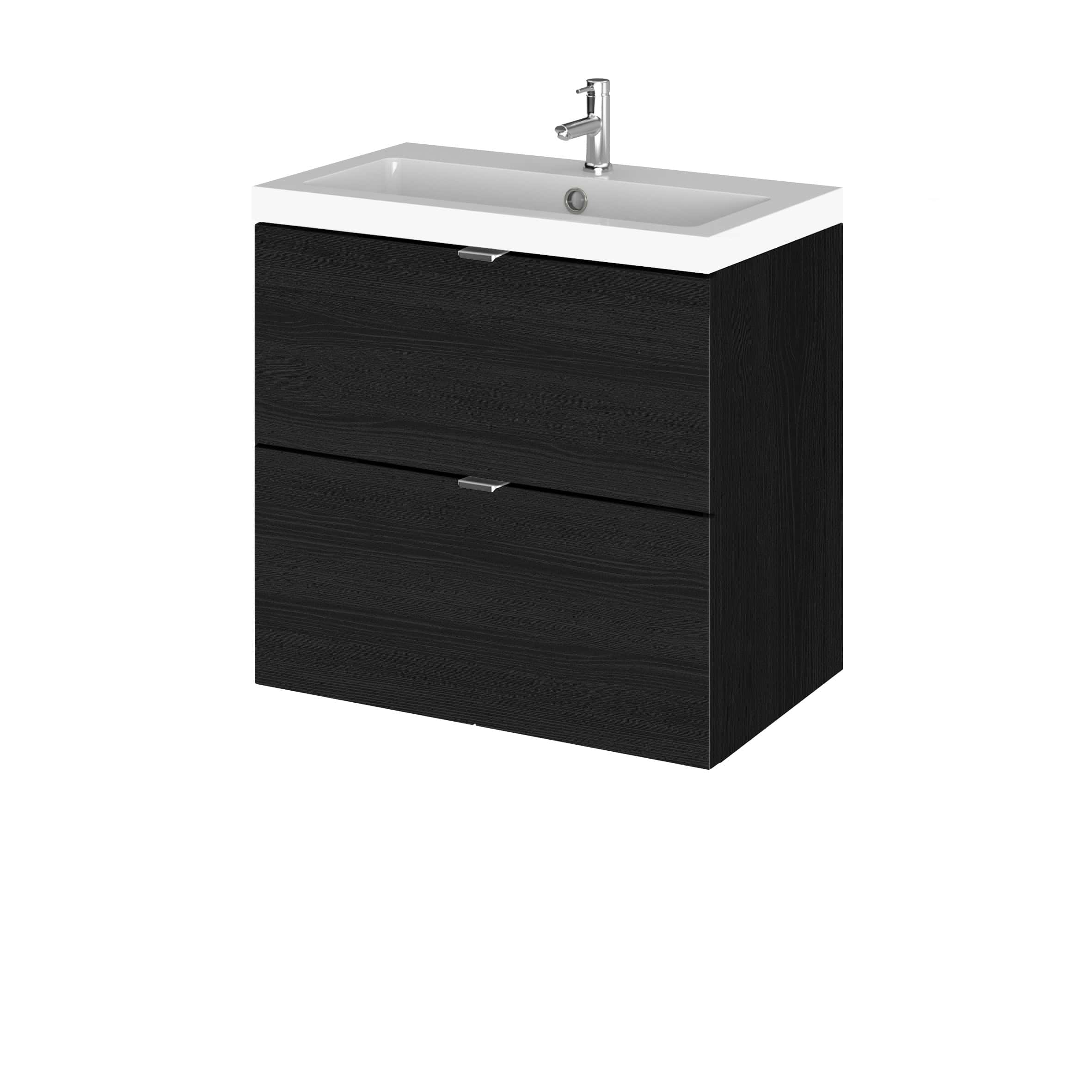 Modern black bathroom vanity with integrated sink and chrome faucet, ideal for contemporary bathroom designs and storage solutions.