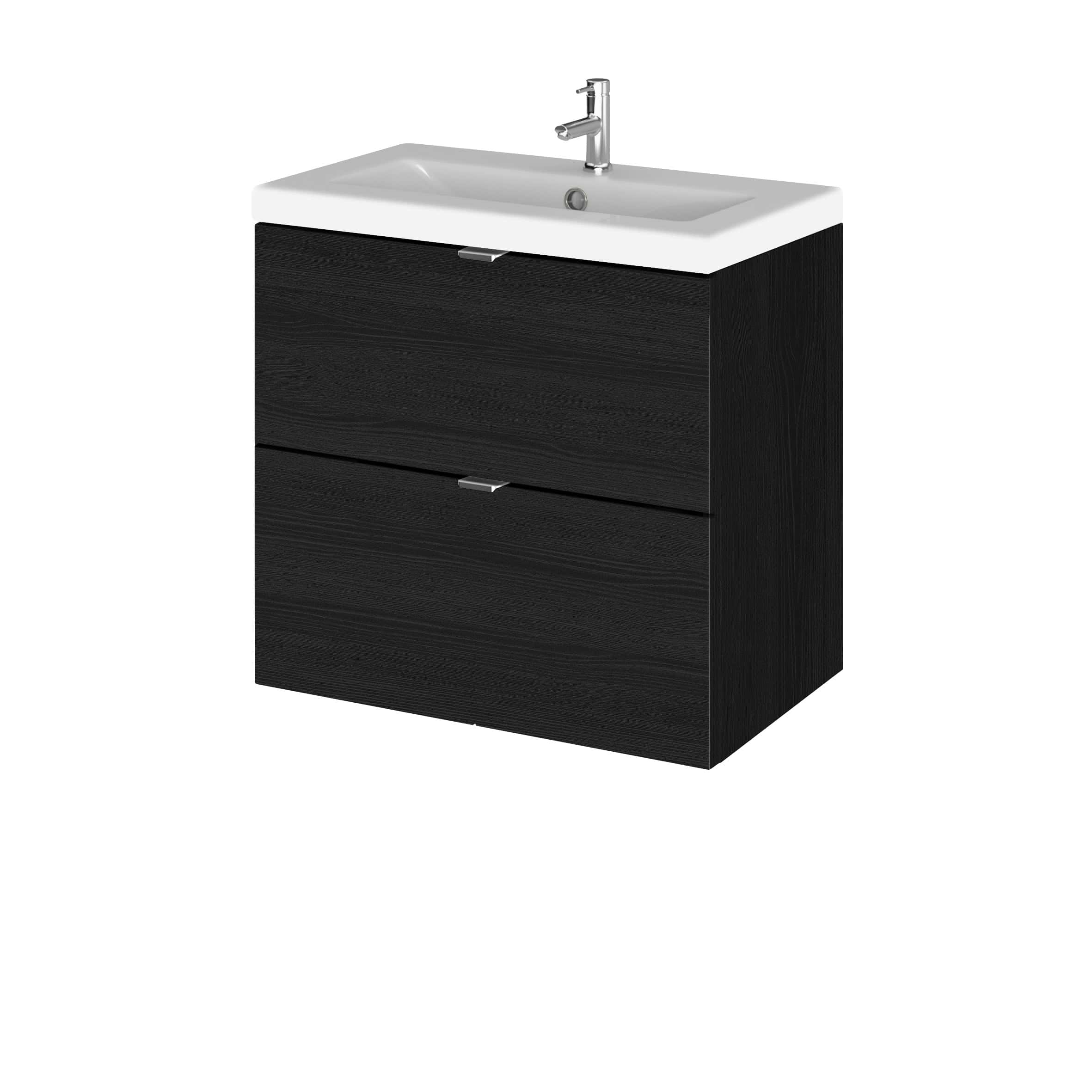 Modern black bathroom vanity with integrated sink and chrome faucet, ideal for contemporary bathroom designs. Durable finish and spacious storage drawers enhance functionality.