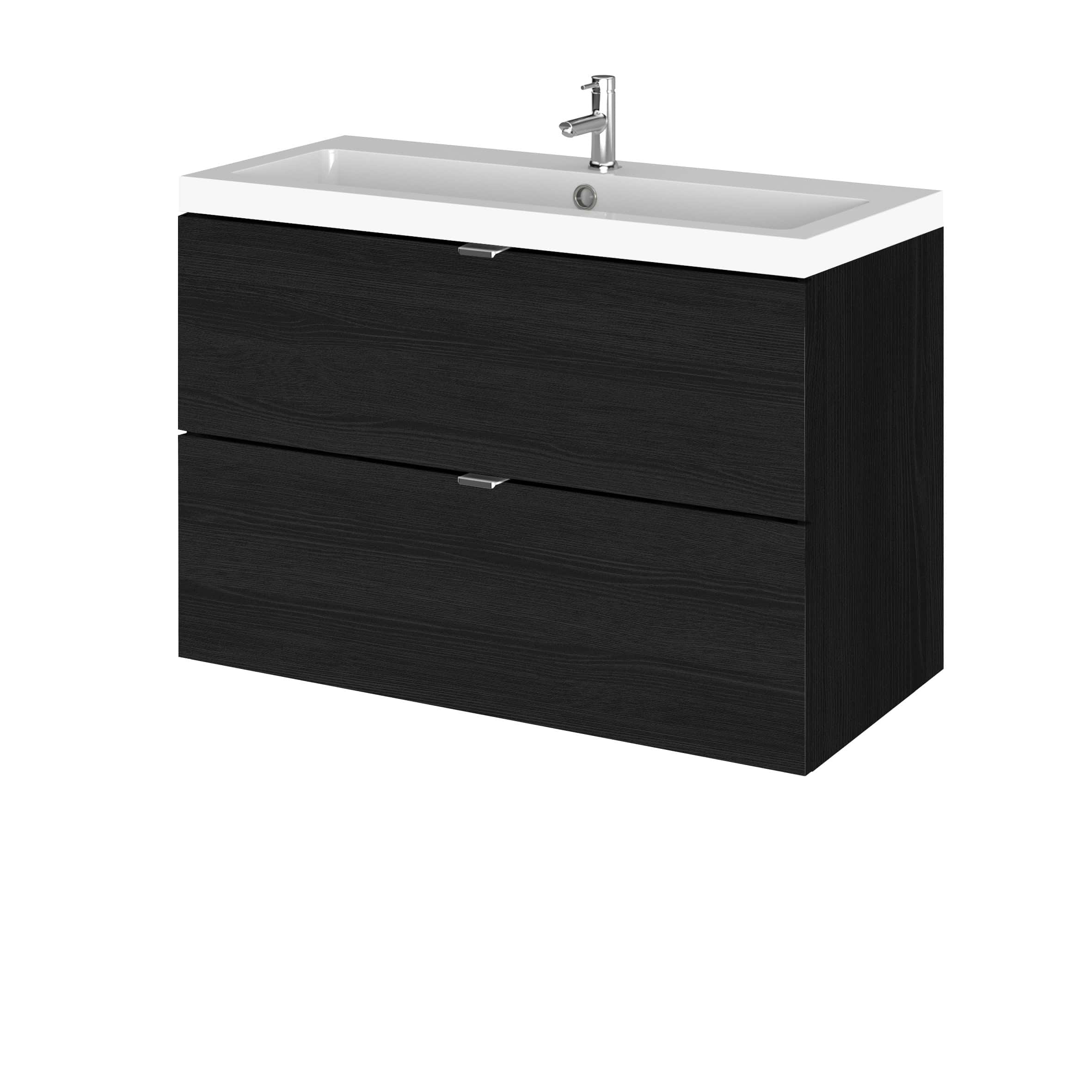 Sleek black bathroom vanity unit with integrated sink and chrome faucet, modern design for contemporary bathrooms. Perfect storage solution with drawers for organising bathroom essentials.