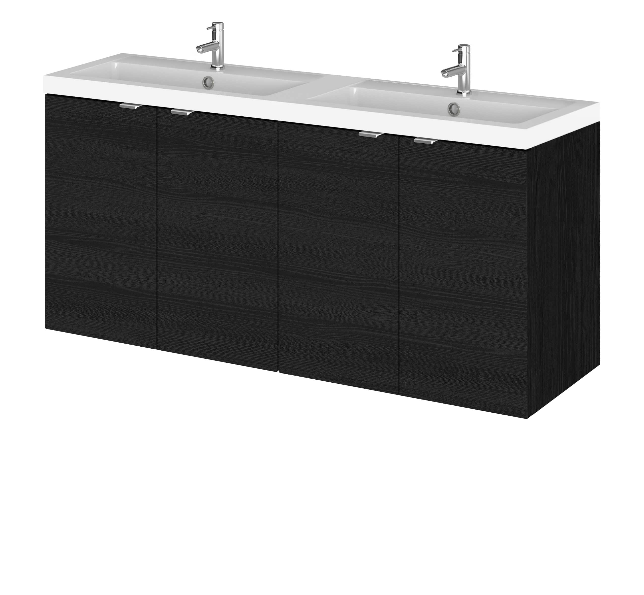 Contemporary double sink bathroom vanity with black wood finish and stainless steel faucets, ideal for modern bathrooms.