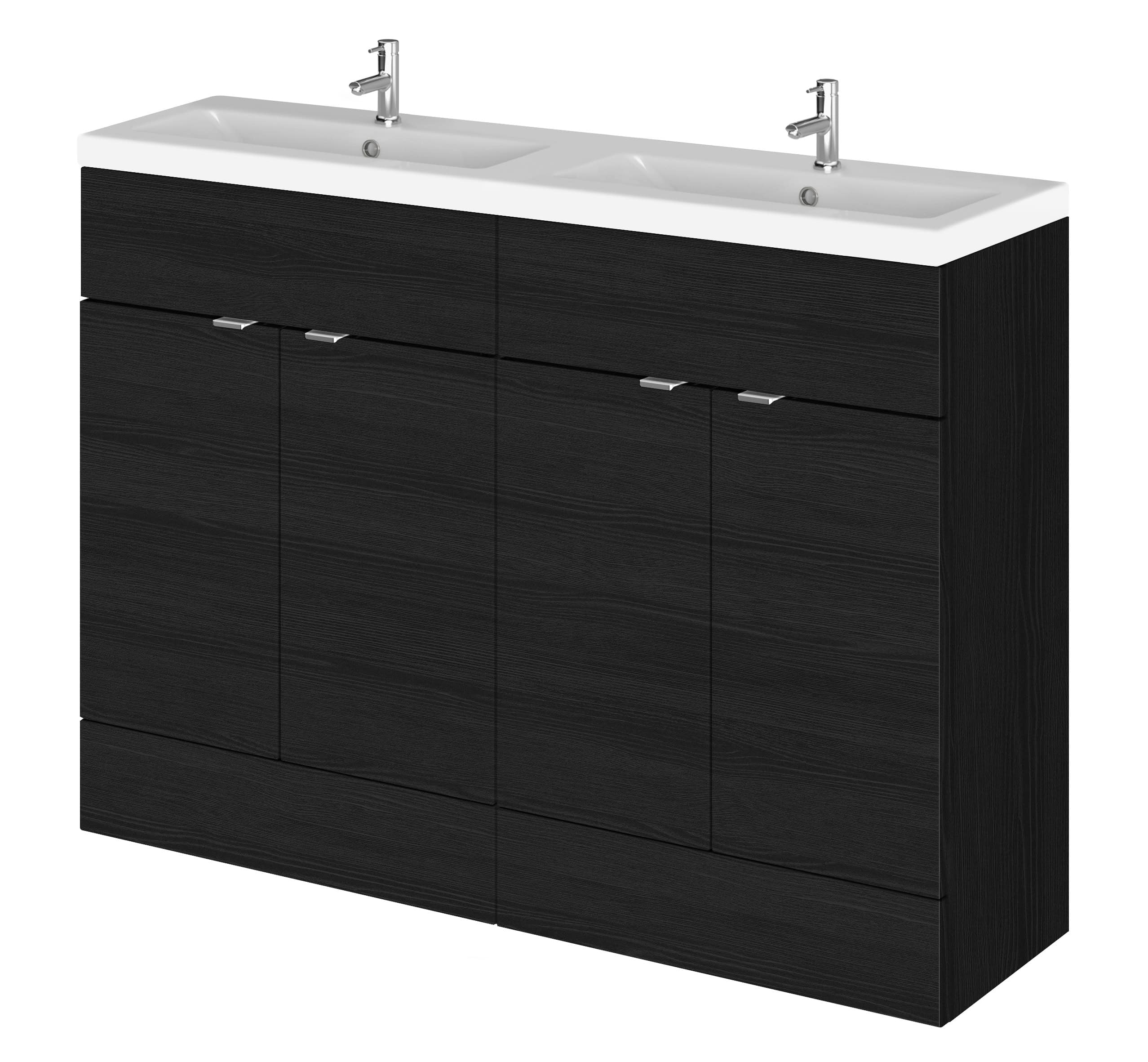 Modern black bathroom vanity with dual sinks and chrome taps, ideal for stylish bathroom upgrades. Featuring ample storage with sleek cabinet doors, perfect for contemporary bathroom design.