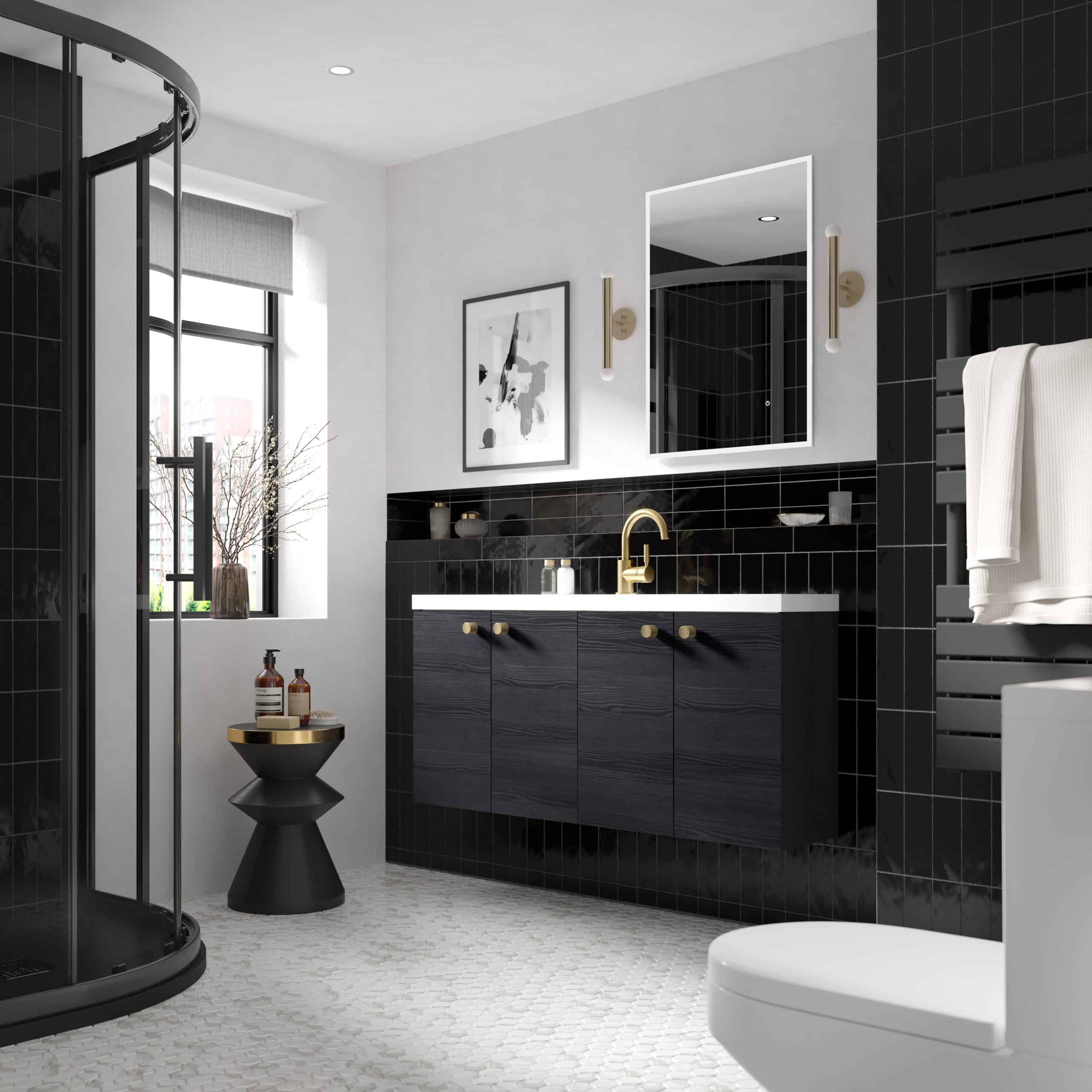 Luxurious modern black and white bathroom featuring a stylish black vanity with gold fixtures, a sleek shower enclosure, and contemporary decor, perfect for sophisticated bathroom design.