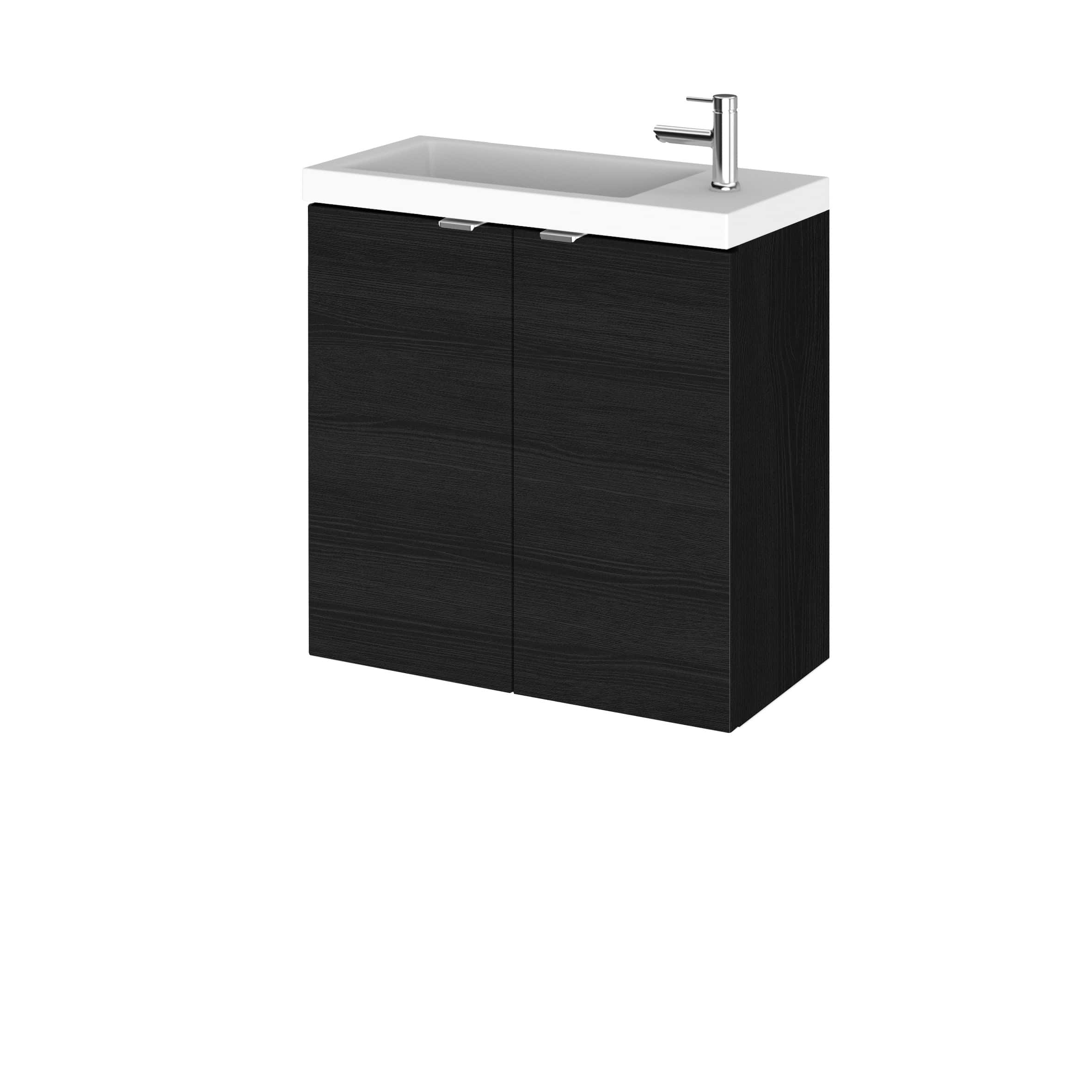 Sleek black bathroom vanity unit with integrated sink and modern chrome tap, ideal for contemporary bathroom storage and design. Perfect for stylishly organising bathroom essentials.