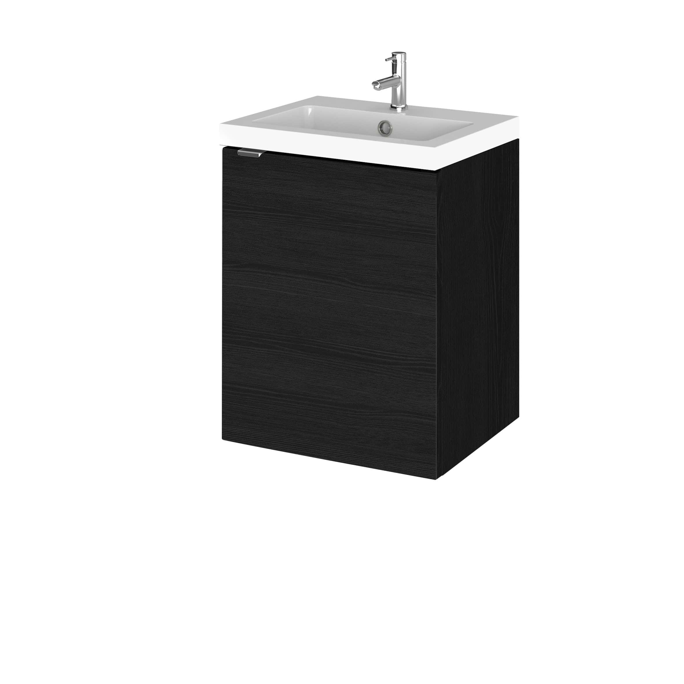 Sleek black bathroom vanity with integrated sink and chrome faucet, modern design ideal for contemporary bathroom setups. Perfect for stylish, functional bathroom storage solutions.