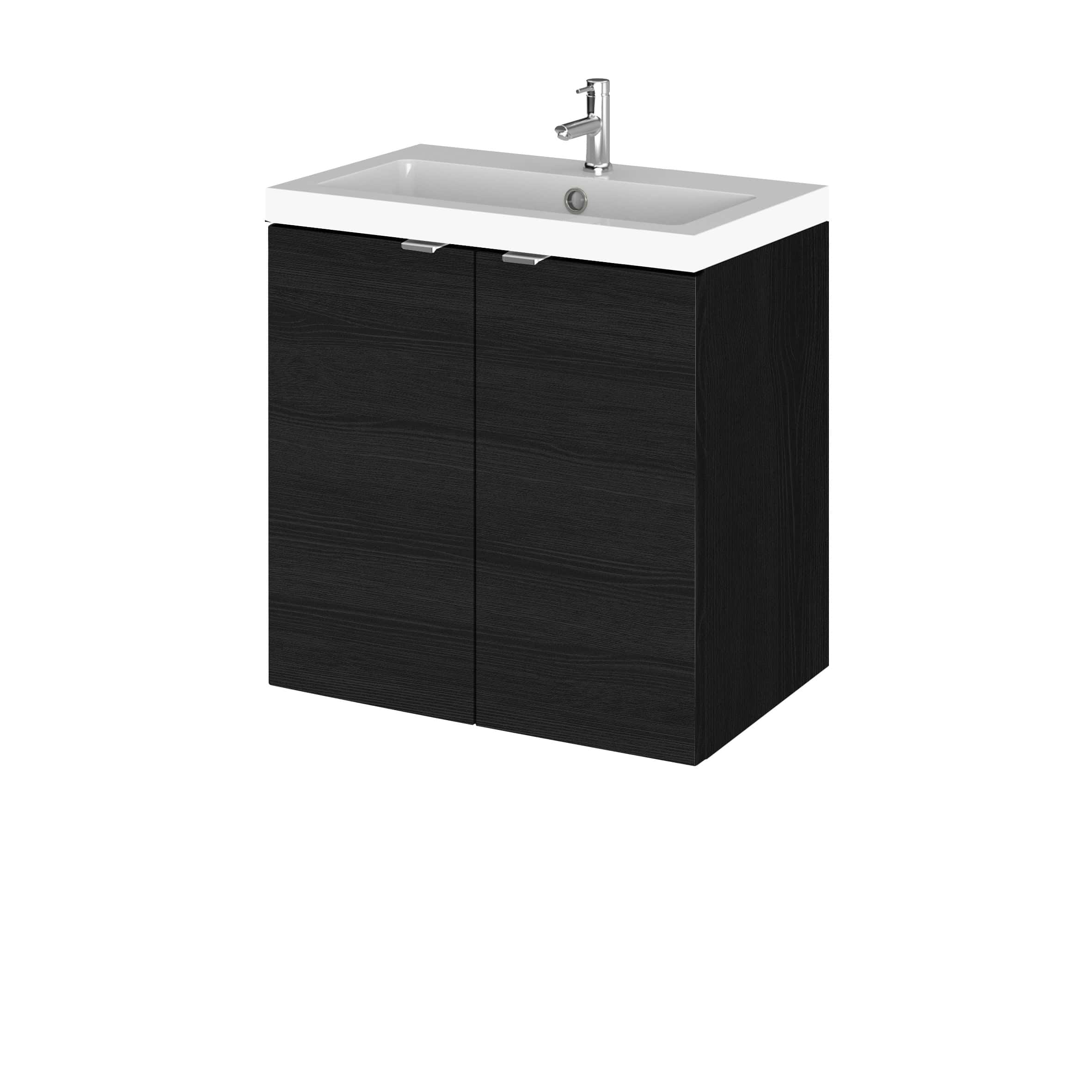 Modern black bathroom vanity with a sleek white ceramic sink and chrome faucet, ideal for contemporary bathroom remodels and storage solutions.