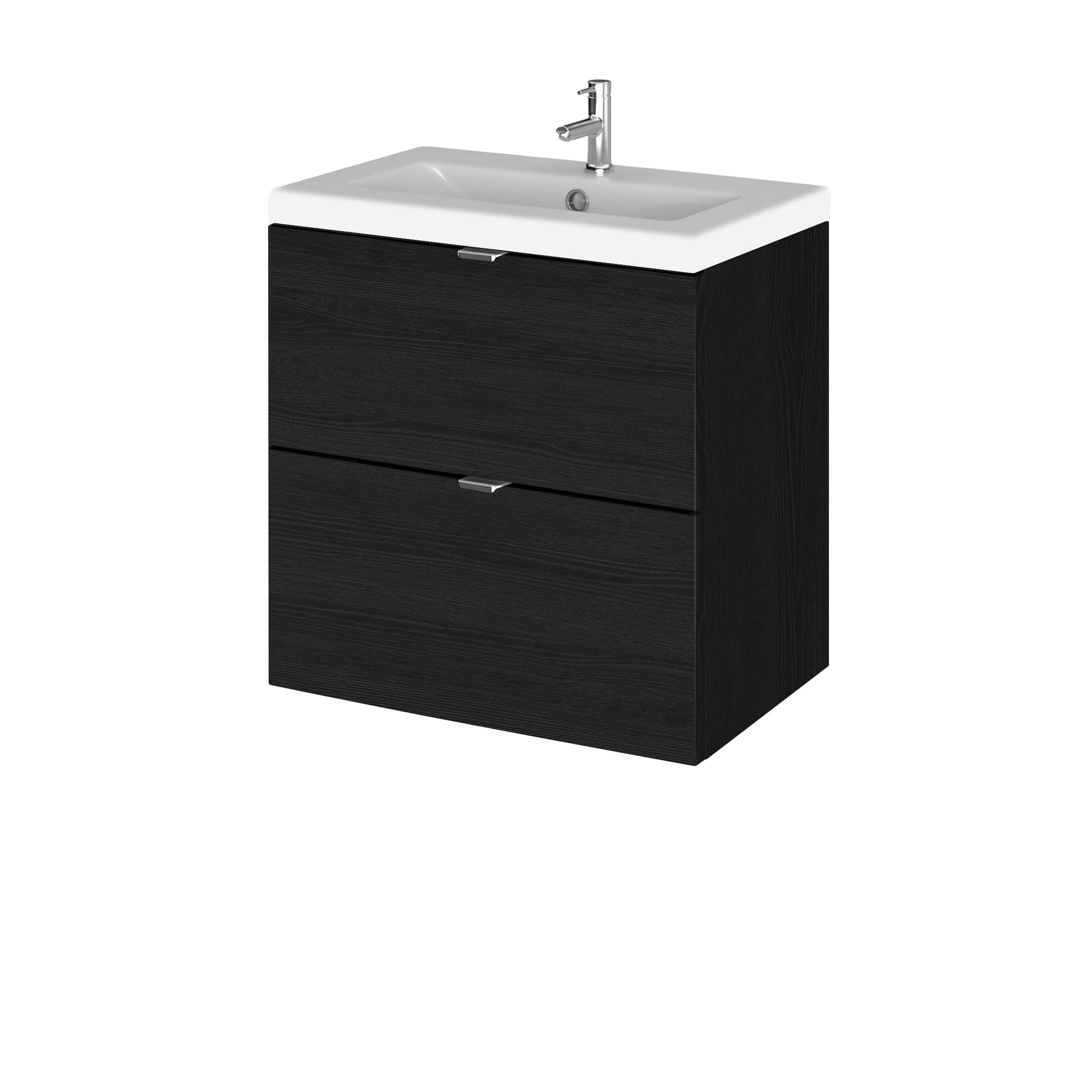 Modern black bathroom vanity with integrated sink and chrome faucet, ideal for contemporary Bublly bathroom designs, featuring sleek drawers for convenient storage.