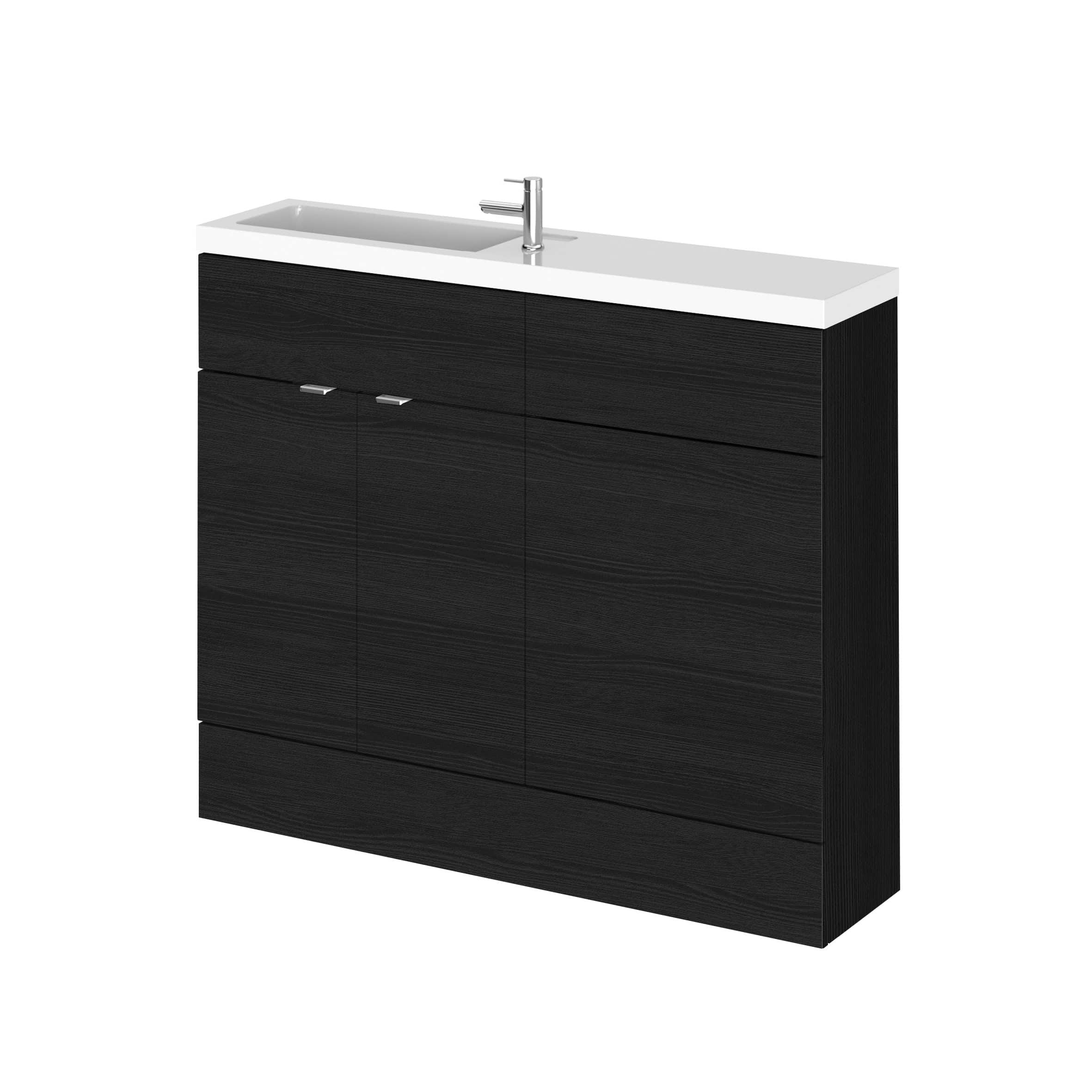 Sleek black bathroom vanity unit with integrated sink and modern chrome tap, ideal for contemporary bathroom renovation and storage solutions.