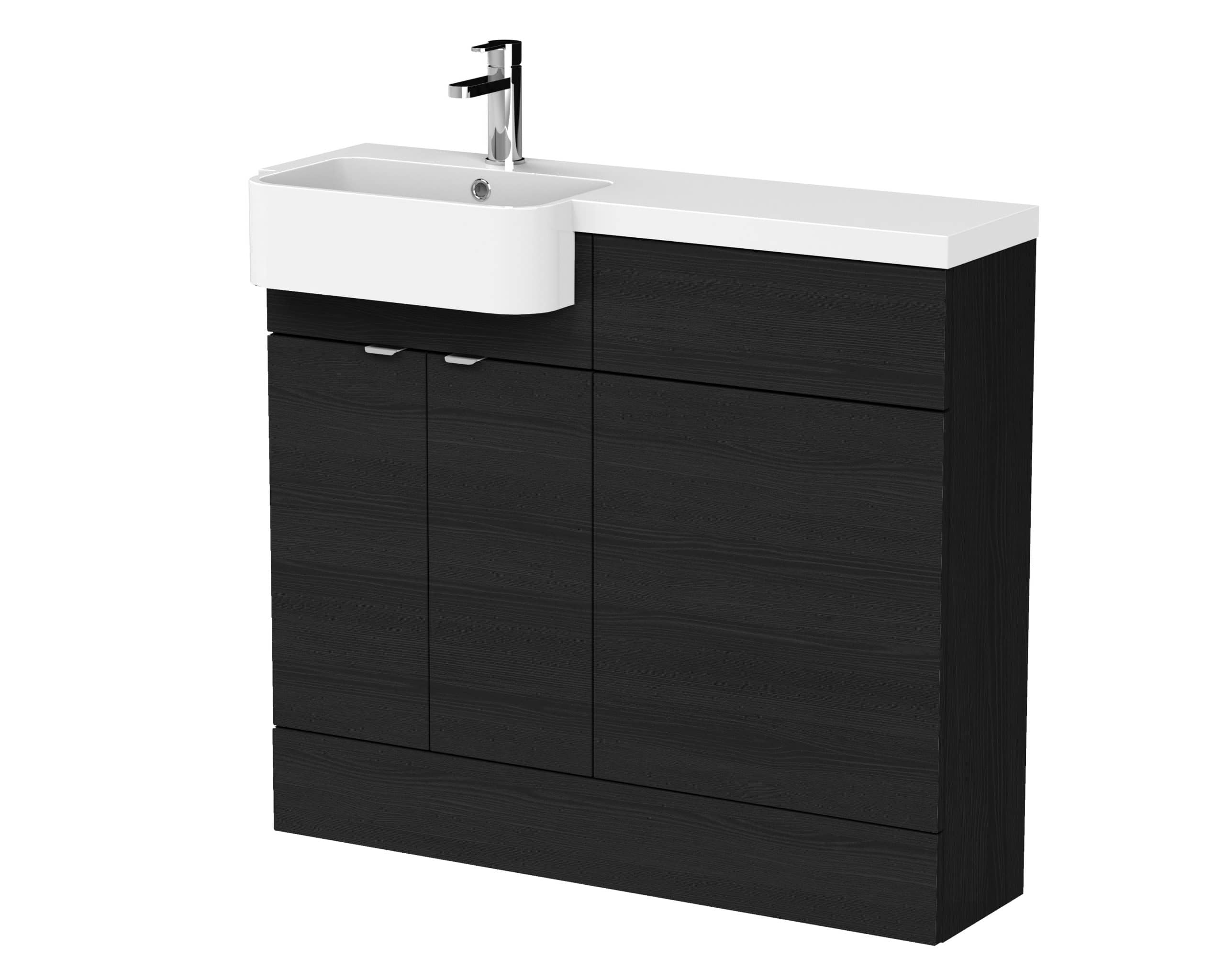 Stylish black bathroom vanity unit with white ceramic sink and modern faucet, perfect for contemporary bathrooms and ensuite organising solutions.