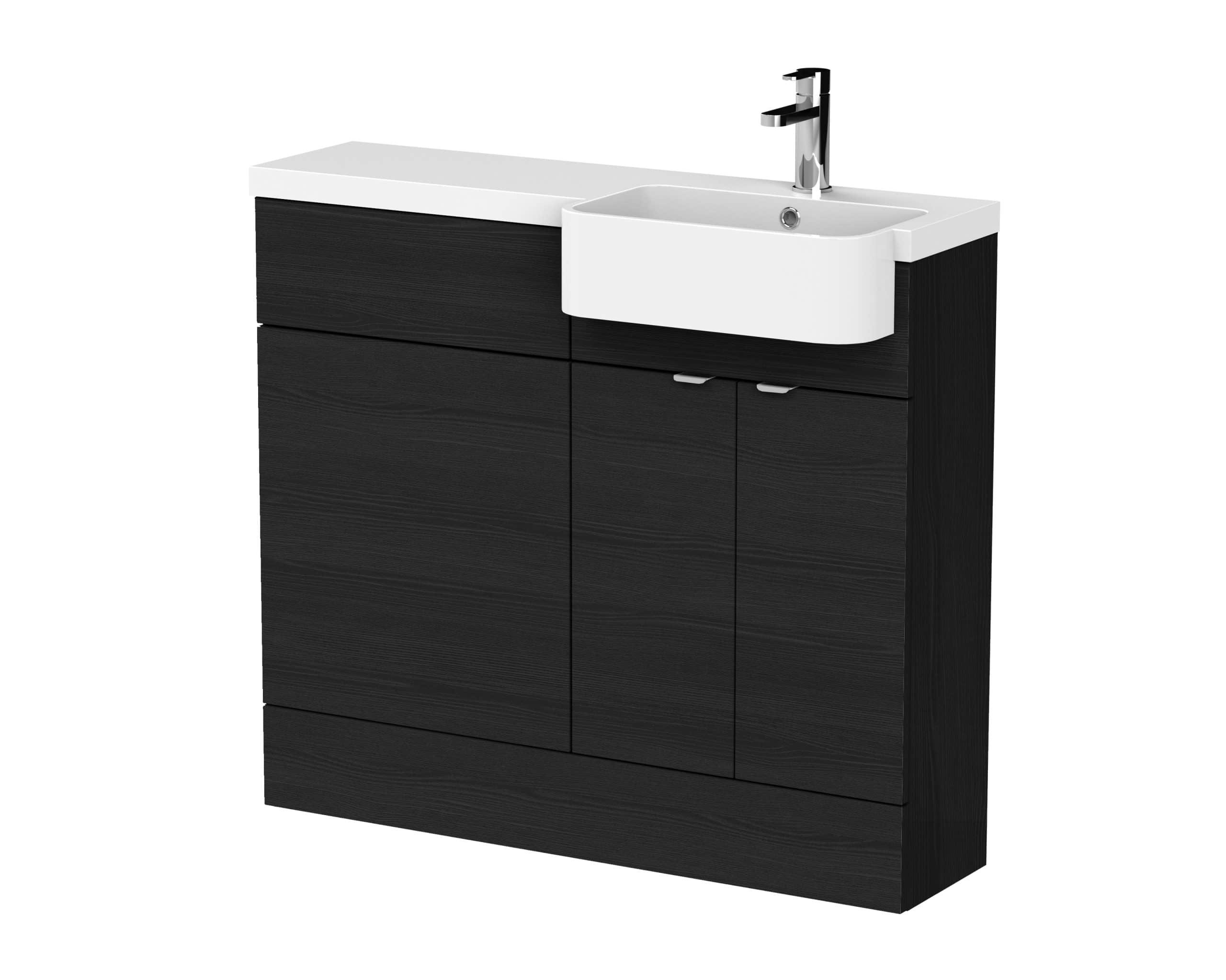Modern black bathroom vanity with white ceramic sink and chrome tap, ideal for contemporary bathroom designs. Durable storage cabinet and sleek finish for stylish bathroom organisation.