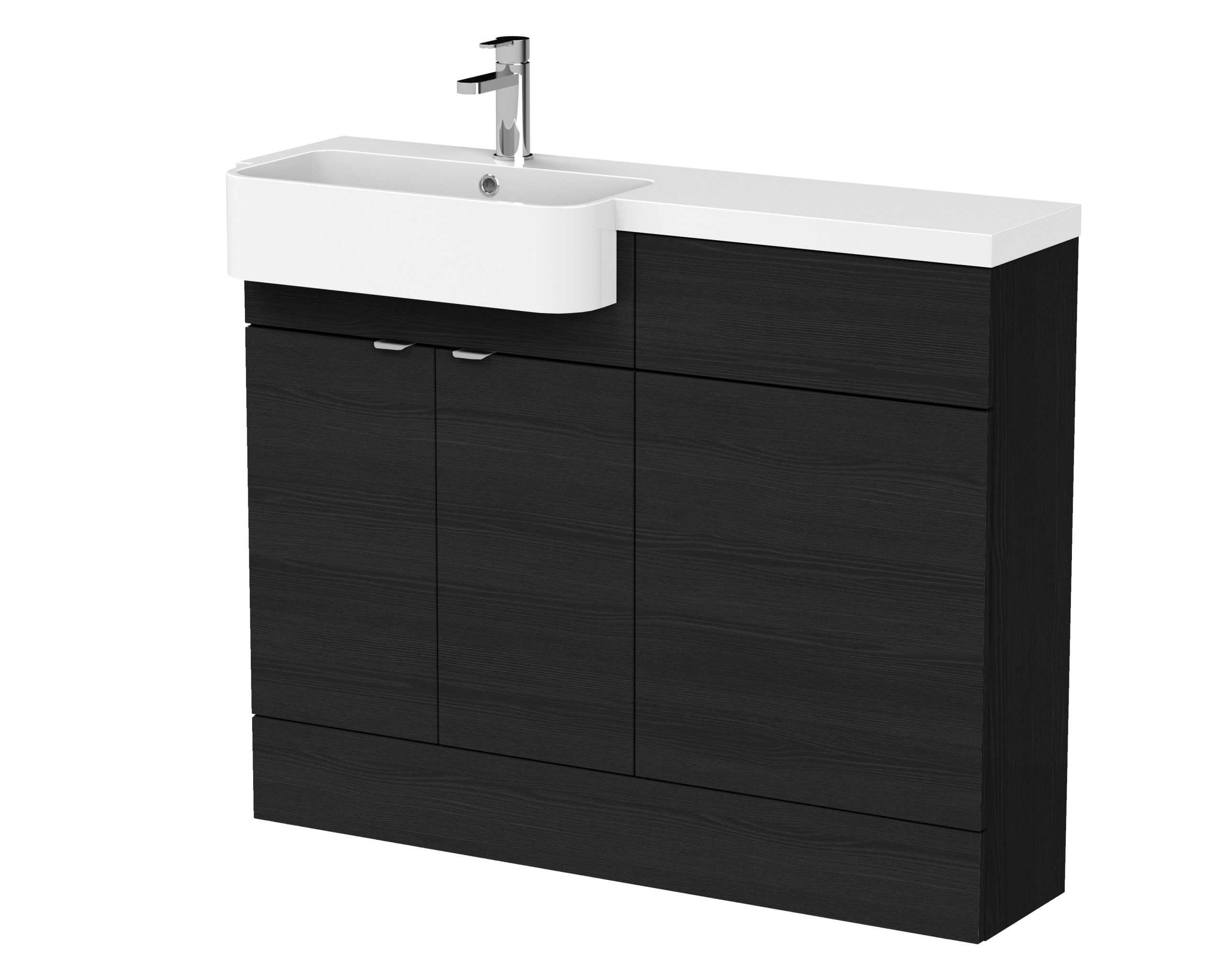 Modern bathroom vanity with black wooden cabinets and white countertop, featuring a stylish sink and chrome tap for contemporary bathroom decor.