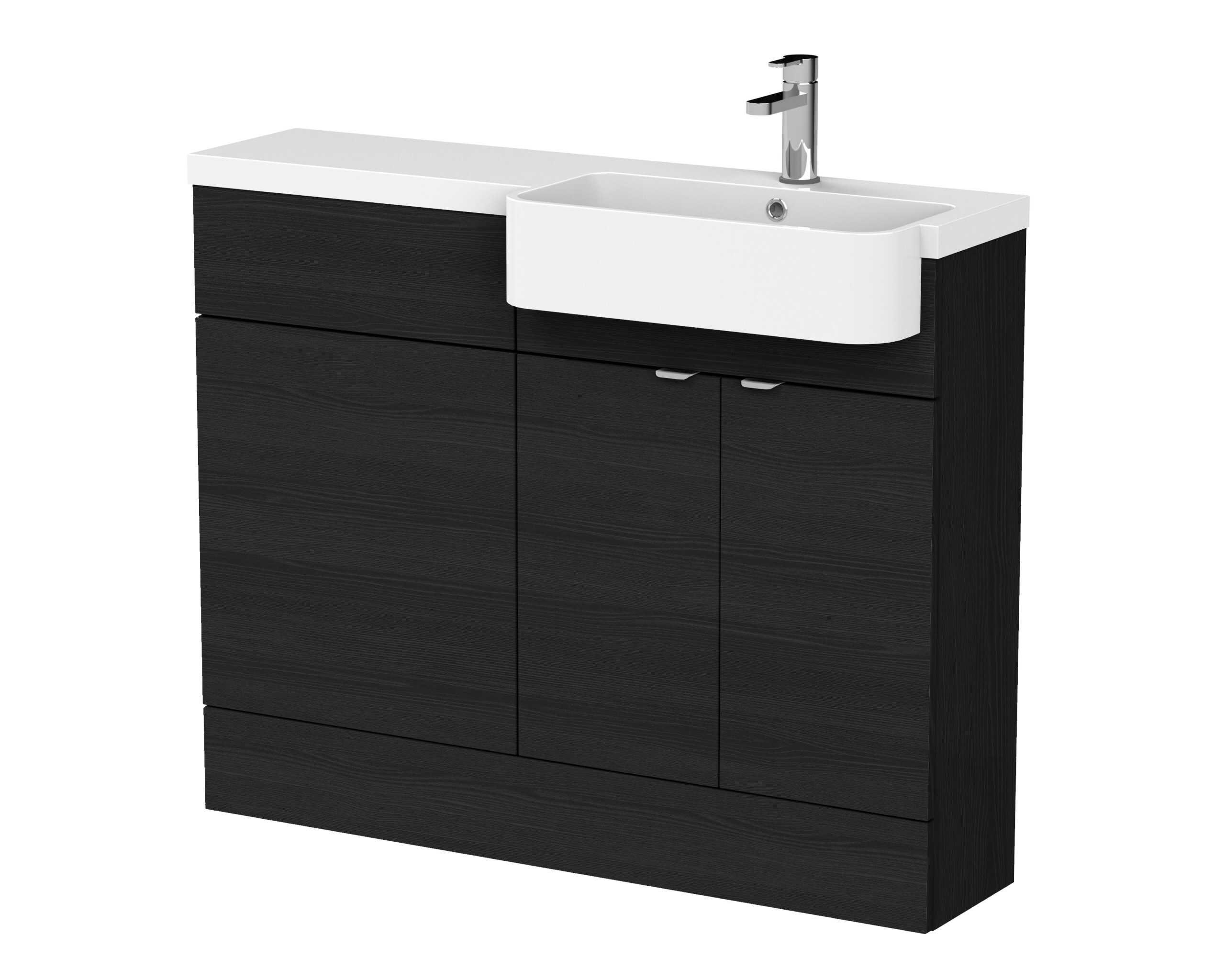Contemporary black bathroom vanity unit with integrated sink and chrome tap, ideal for modern bathroom designs and perfect for hygiene and storage solutions.