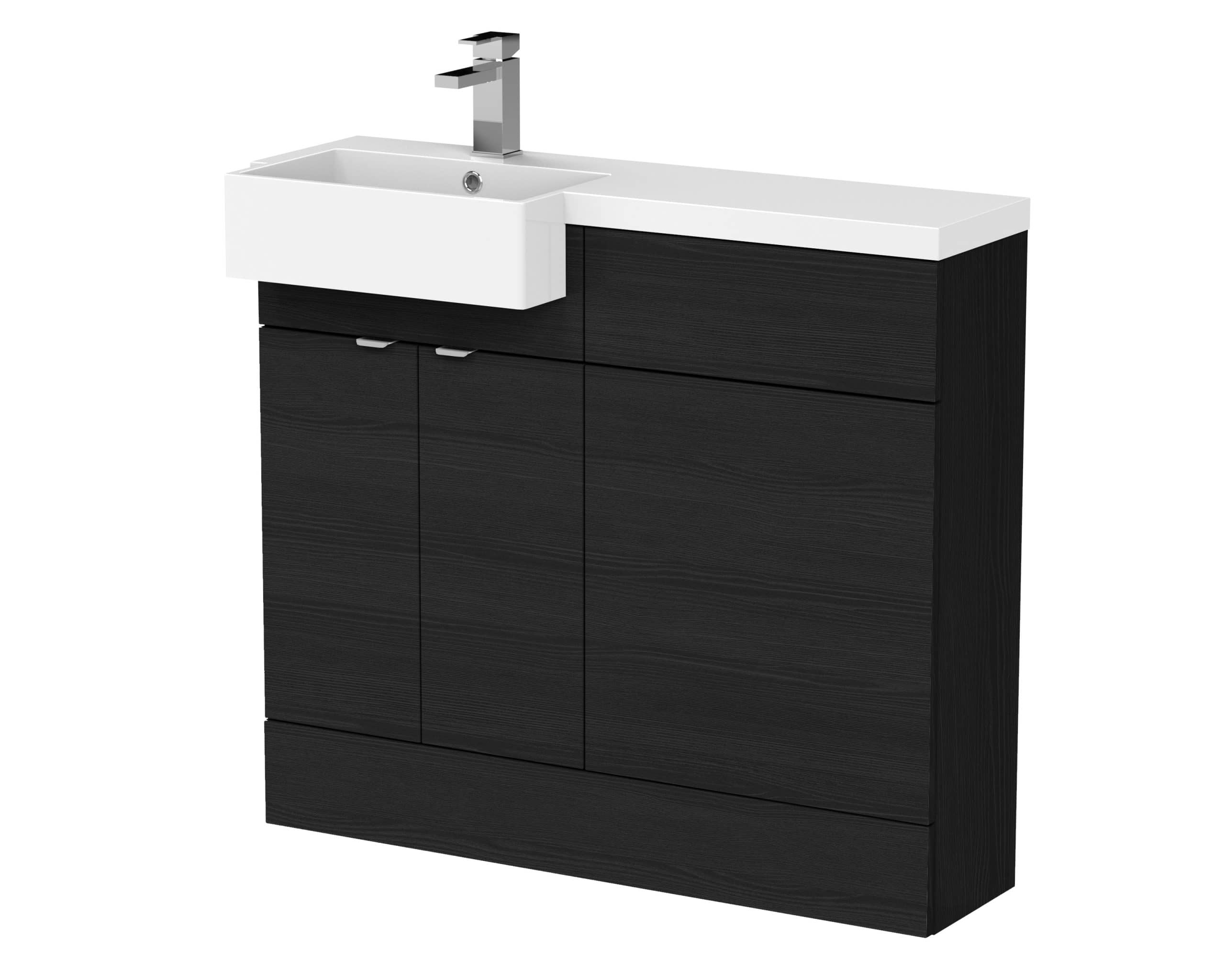 Black bathroom vanity unit with integrated sink and modern chrome tap, ideal for stylish and functional bathroom design.